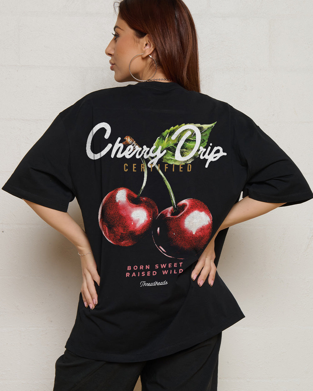 Cherry Drip Oversized Graphic Tee Unisex 90s Boxy Fit 100% Combed Cotton Threadheads