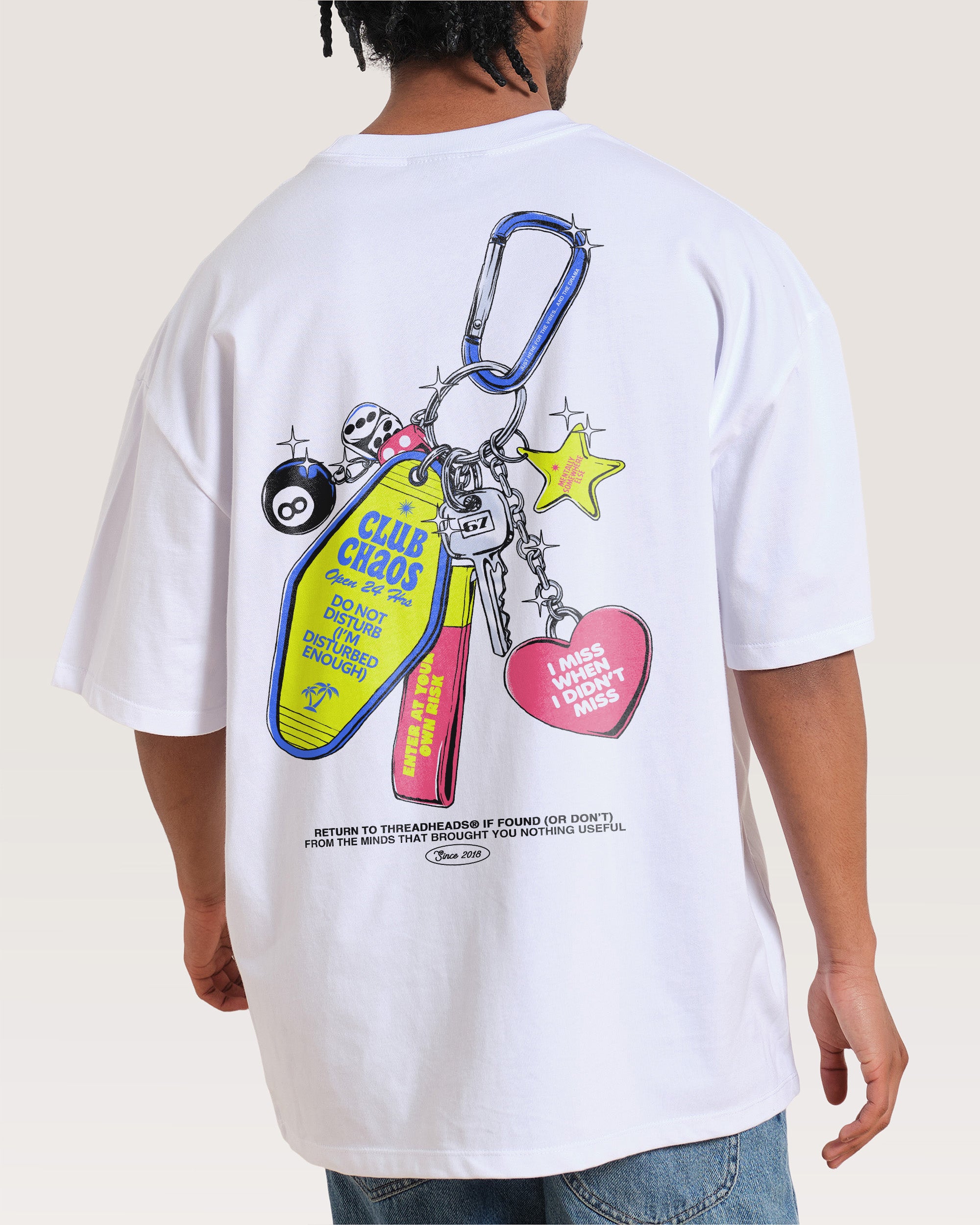 Club Chaos Key Chain Oversized Graphic Tee Unisex 90s Boxy Fit 100% Combed Cotton