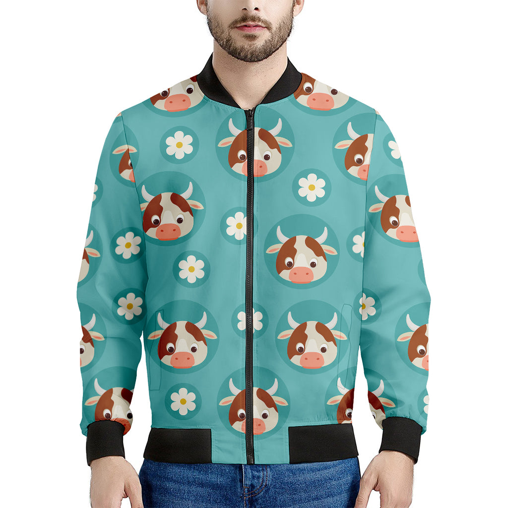Cute Cow and Daisy Flower Pattern Print Men's Bomber Jacket