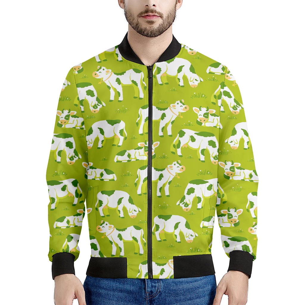 Cute Smiley Cow Pattern Print Men's Bomber Jacket - Polyester Blend with Ribbed Collar
