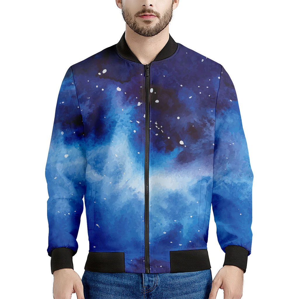 Dark Blue Galaxy Space Print Men's Bomber Jacket - Premium Polyester Blend