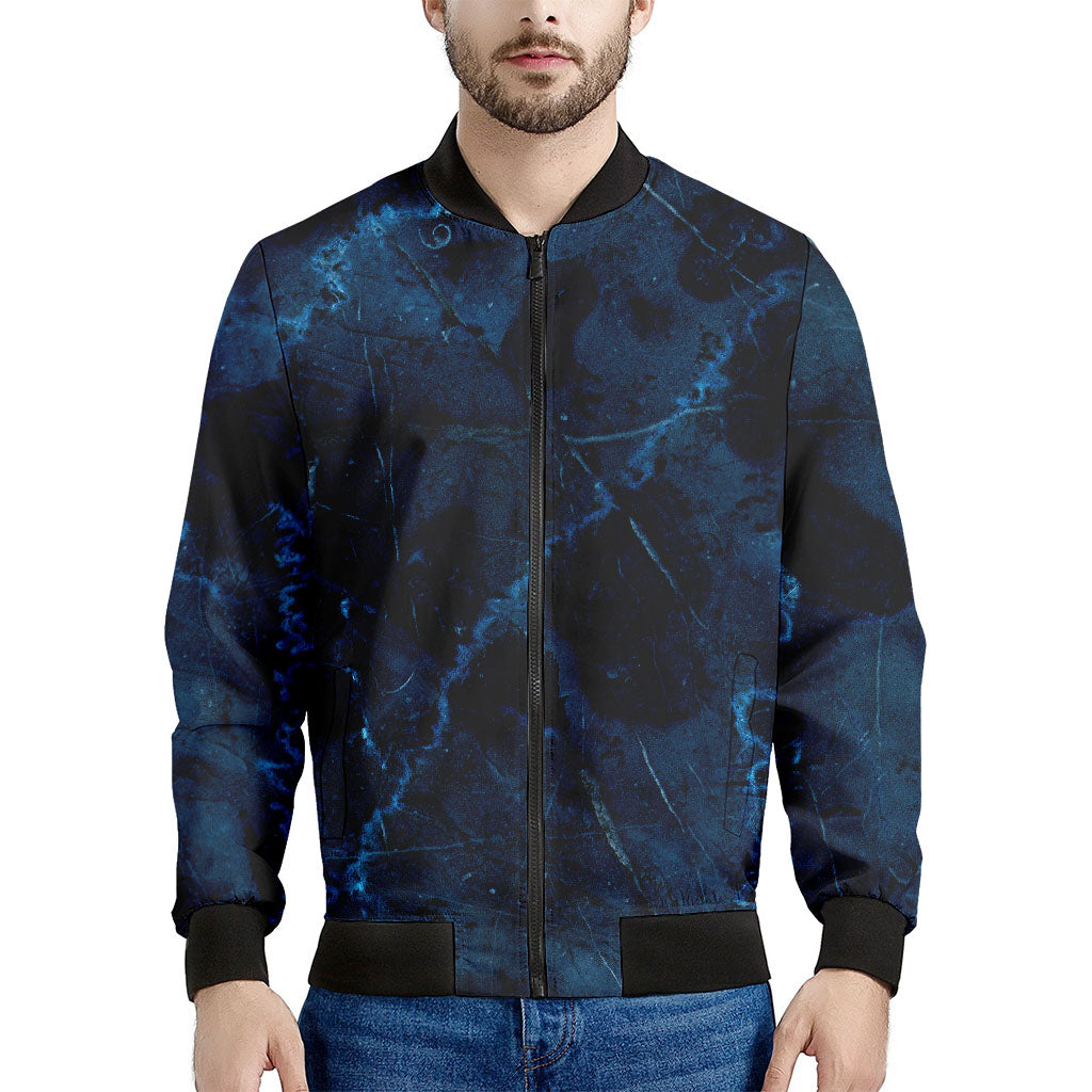 Dark Blue Marble Print Men's Bomber Jacket - Premium Polyester Blend, Ribbed Collar & Cuffs