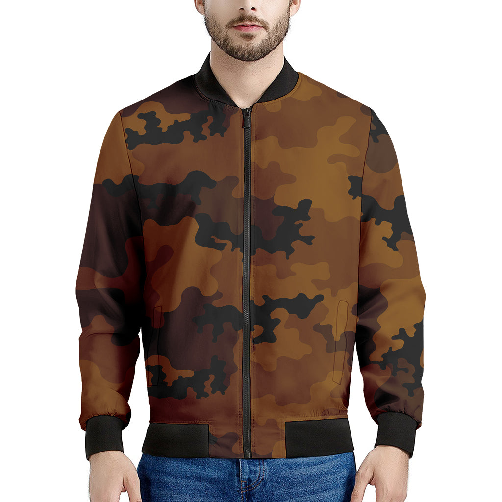 Dark Brown Camouflage Print Men's Bomber Jacket - Premium Polyester Blend