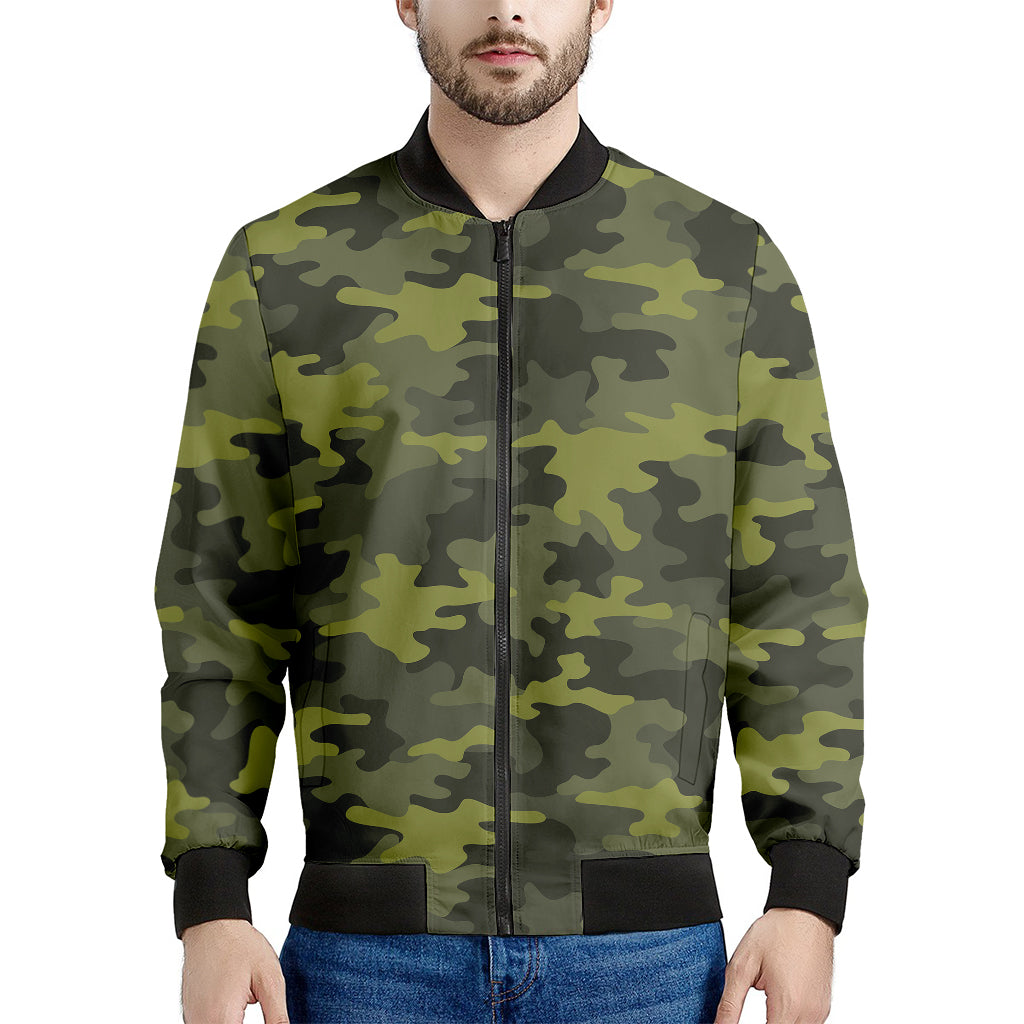 Dark Green Camouflage Print Men's Bomber Jacket - Premium Polyester Blend
