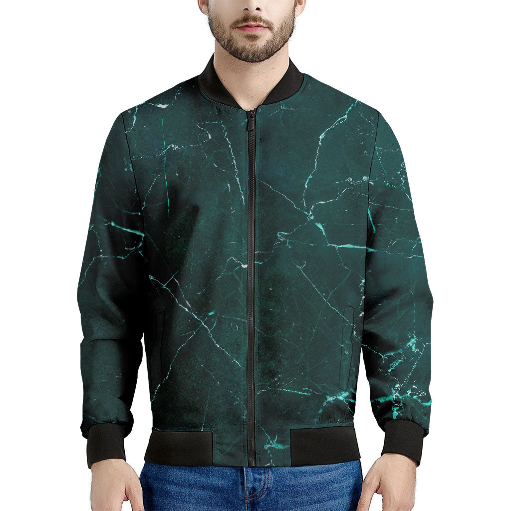 Dark Green Marble Print Men's Bomber Jacket - Premium Polyester Blend, Ribbed Collar & Cuffs