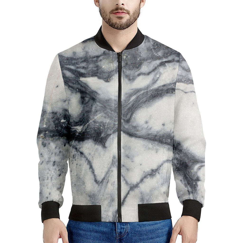 Dark Grey White Marble Print Men's Bomber Jacket - Premium Polyester Blend