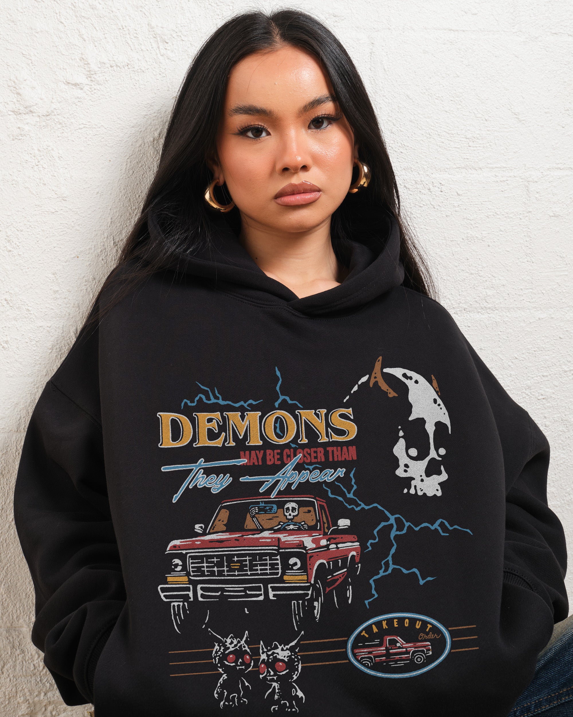 Demons May Be Closer Than They Appear Unisex Hoodie 90s Boxy Fit Black