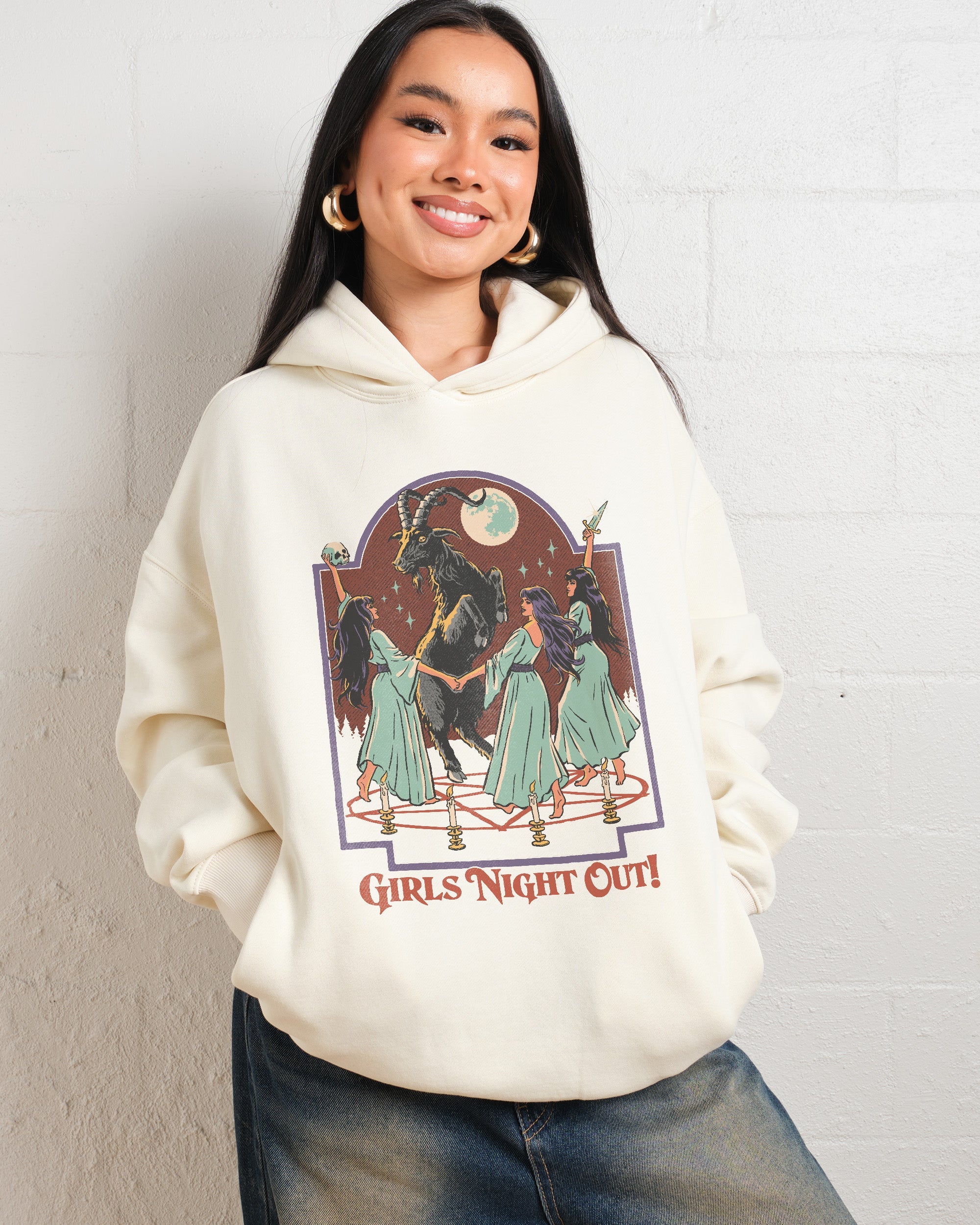 Girls Night Out Graphic Hoodie by Steven Rhodes Unisex 90s Boxy Fit Black