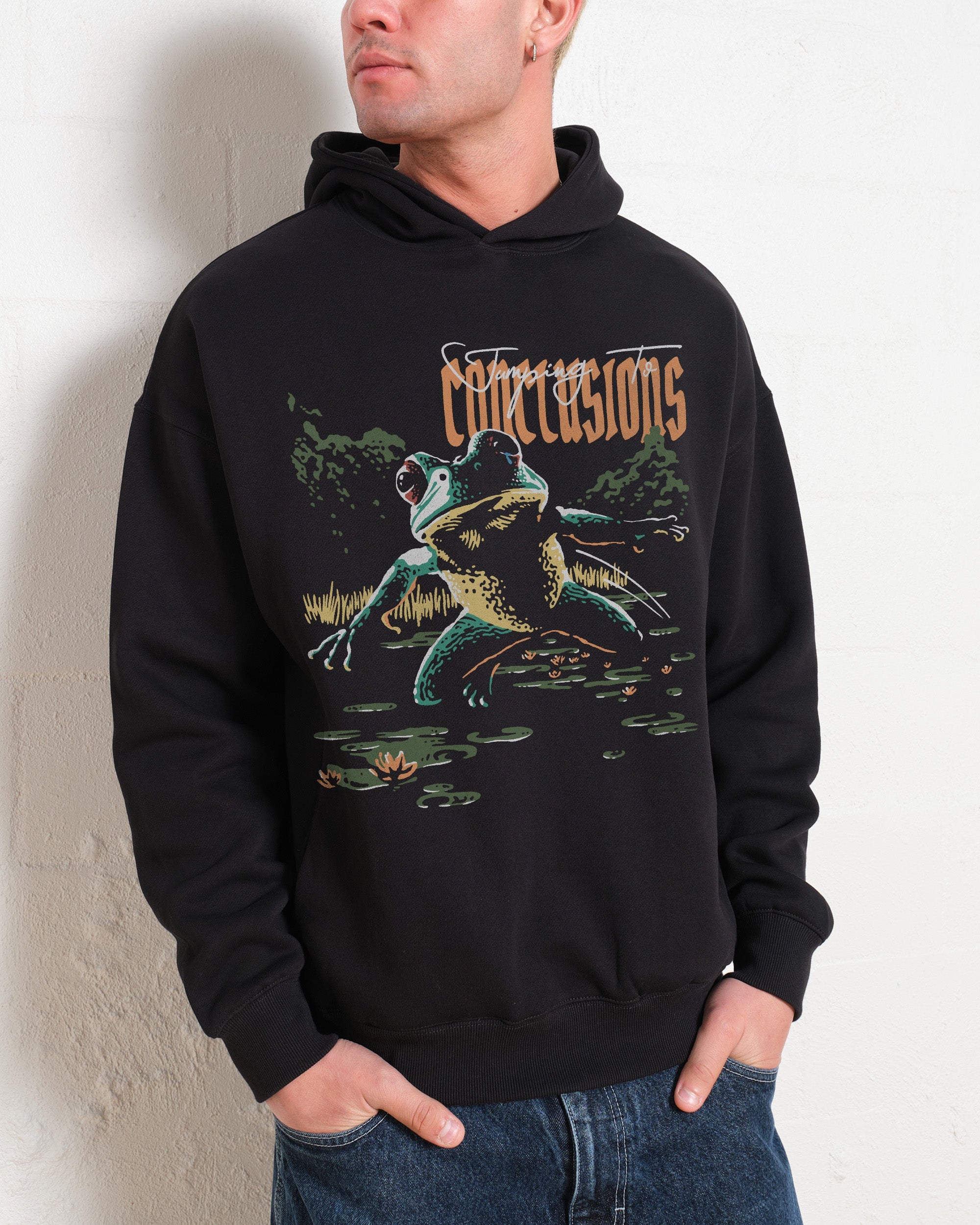 Jumping To Conclusions Unisex Graphic Hoodie 90s Boxy Fit 340gsm Cotton Poly Blend