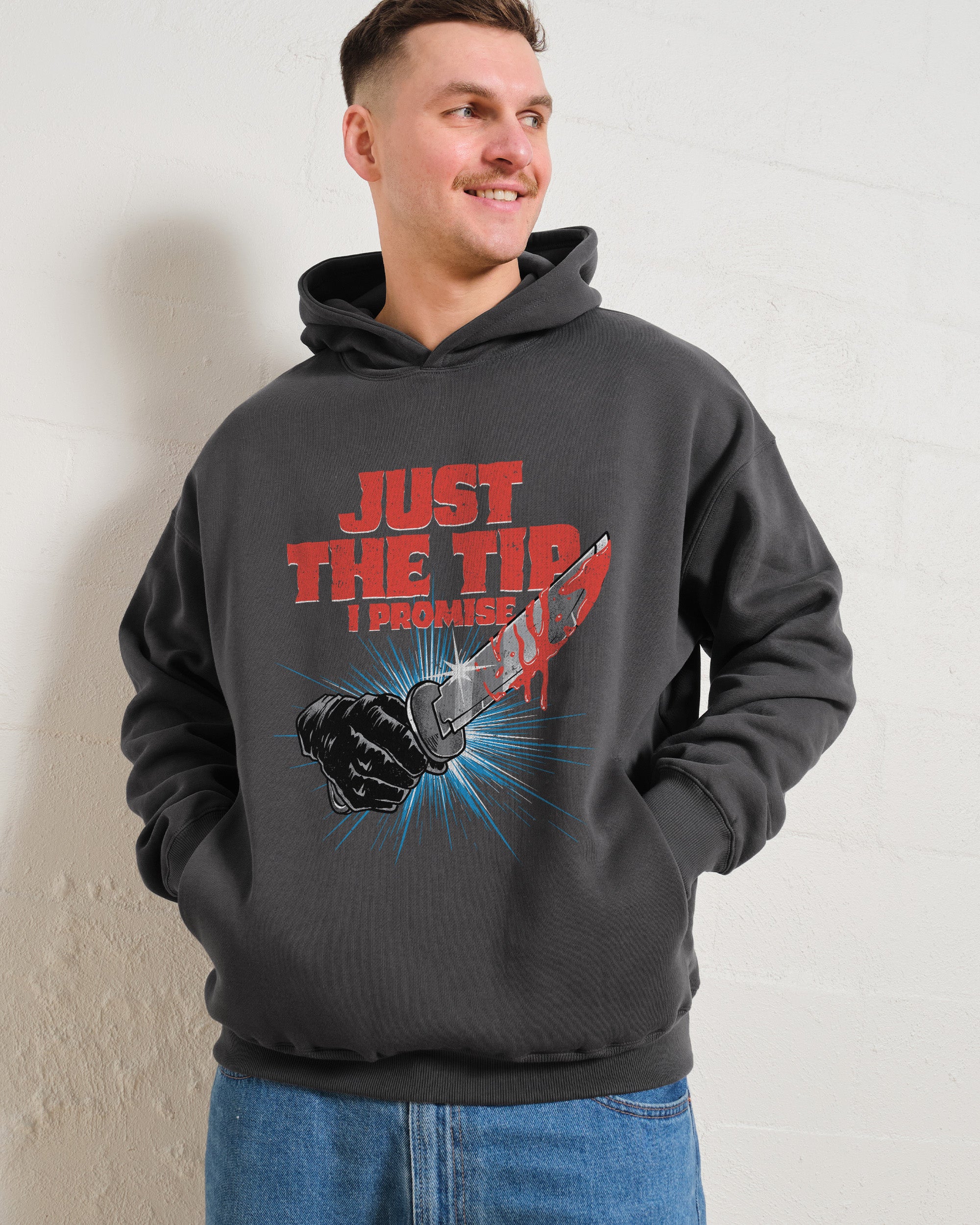 Just The Tip Graphic Hoodie Unisex 90s Boxy Fit 340gsm Cotton Poly Blend