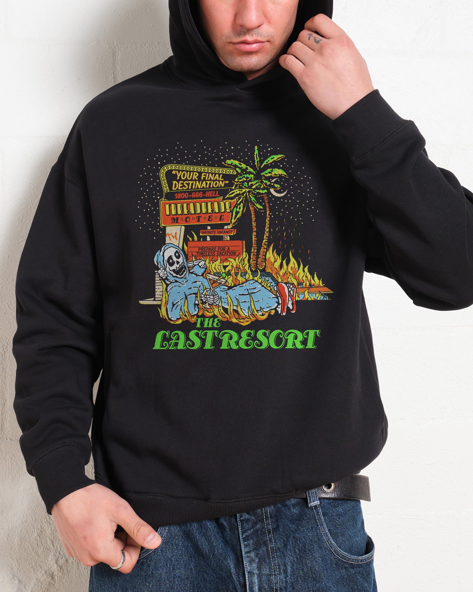 Last Resort Hotel Vacation Packages Unisex Hoodie - 90s Boxy Fit, 80% Cotton, Dropped Shoulders
