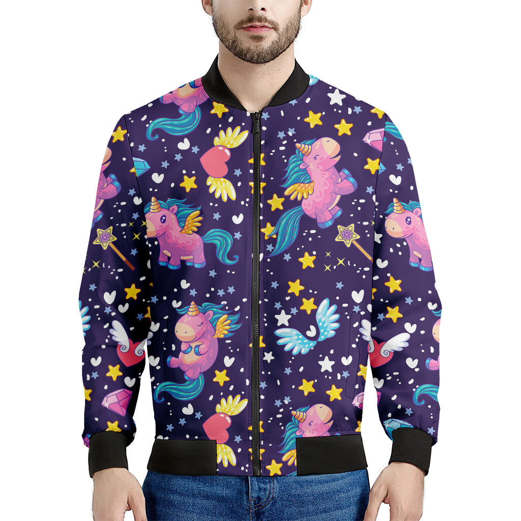 Men's Cute Night Star Unicorn Pattern Print Bomber Jacket