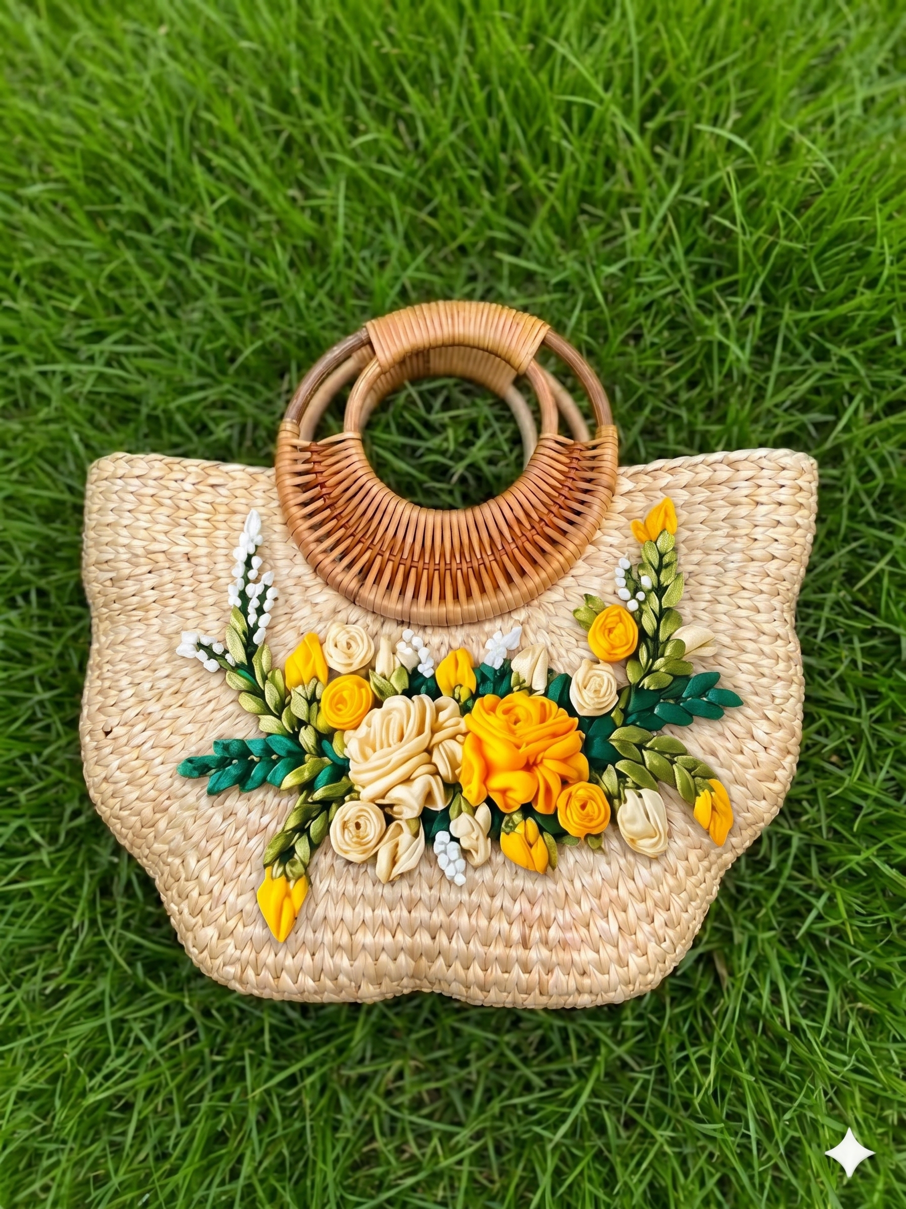 Large Handmade Pumpkin Shape Water Hyacinth Bag with Yellow Floral Ribbon Embroidery