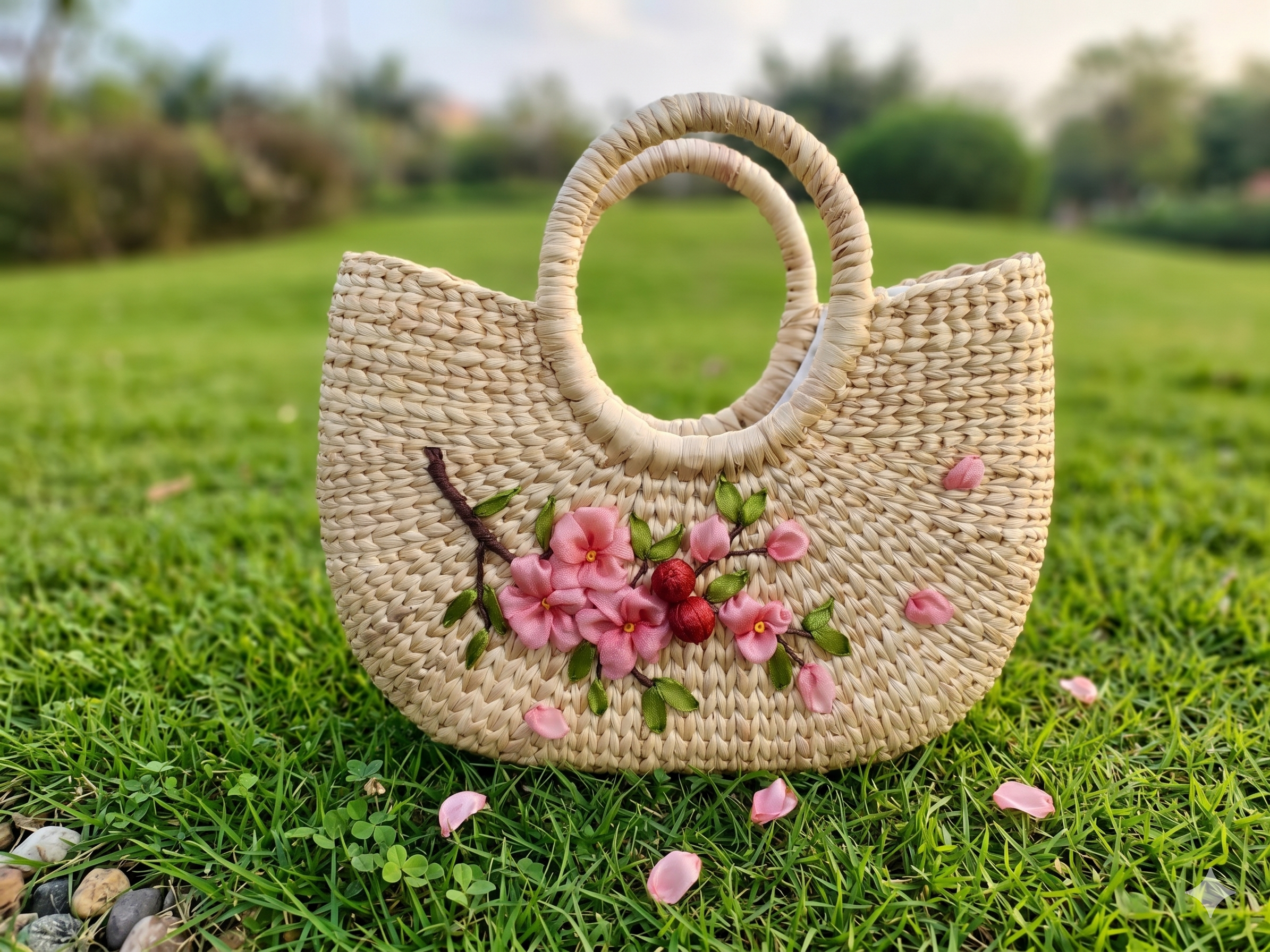 Handmade Water Hyacinth Tote Bag – Elegant Burgundy Ribbon Rose Woven Purse for Women - Image 3