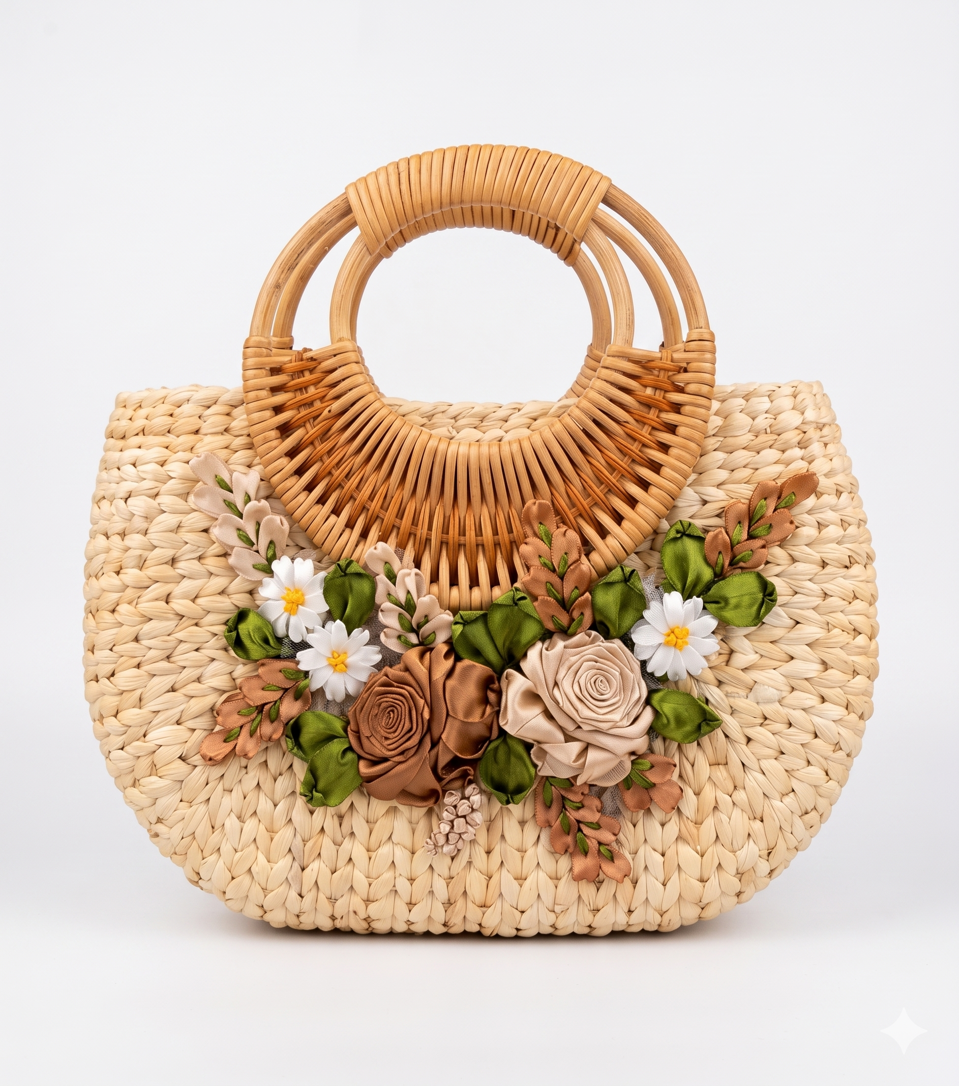 Handmade Water Hyacinth Bag with Neutral Floral Ribbon Embroidery & Bamboo Handle - Image 2