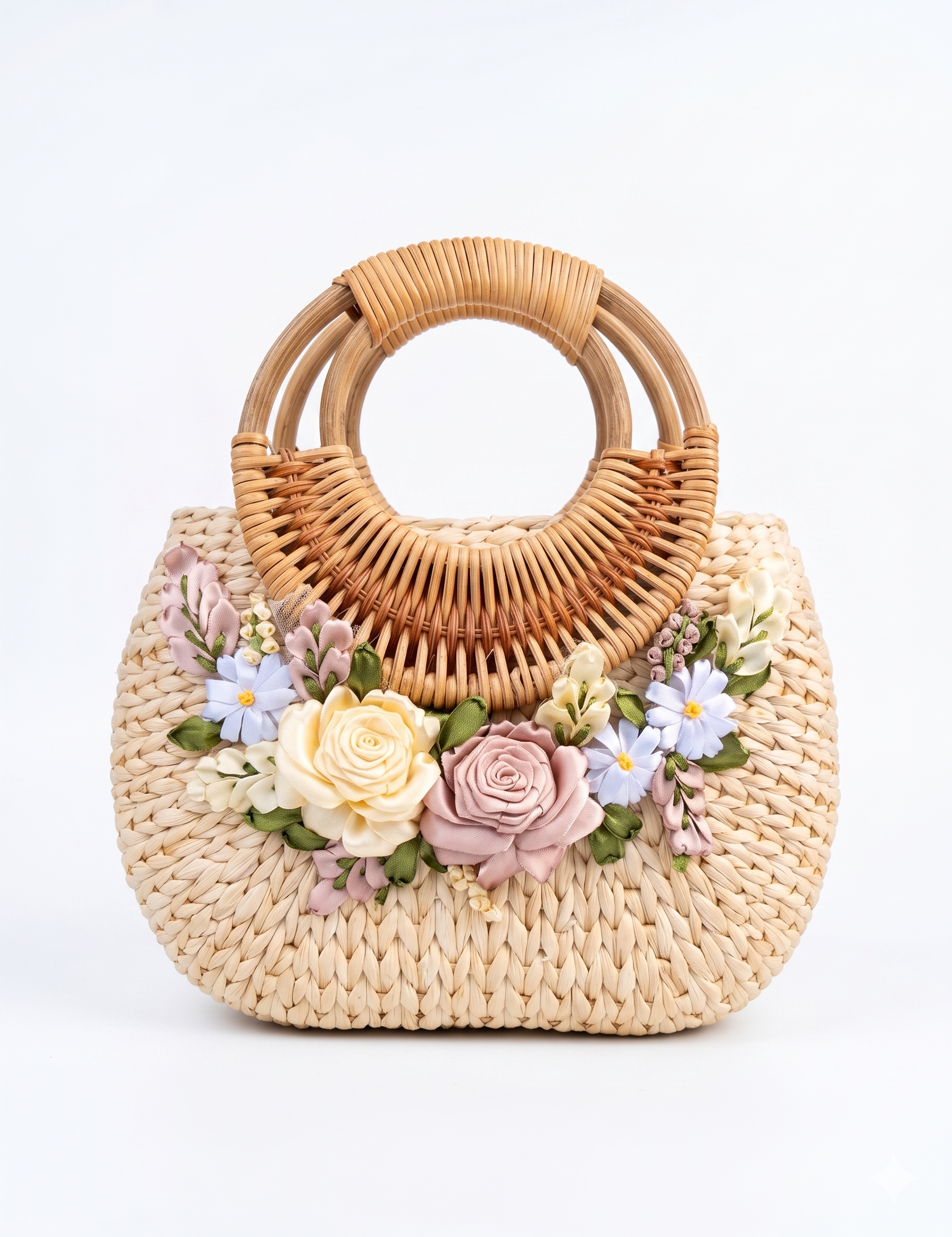 Handmade Water Hyacinth Bag with Pastel Floral Ribbon Embroidery & Open Bamboo Handle - Image 3
