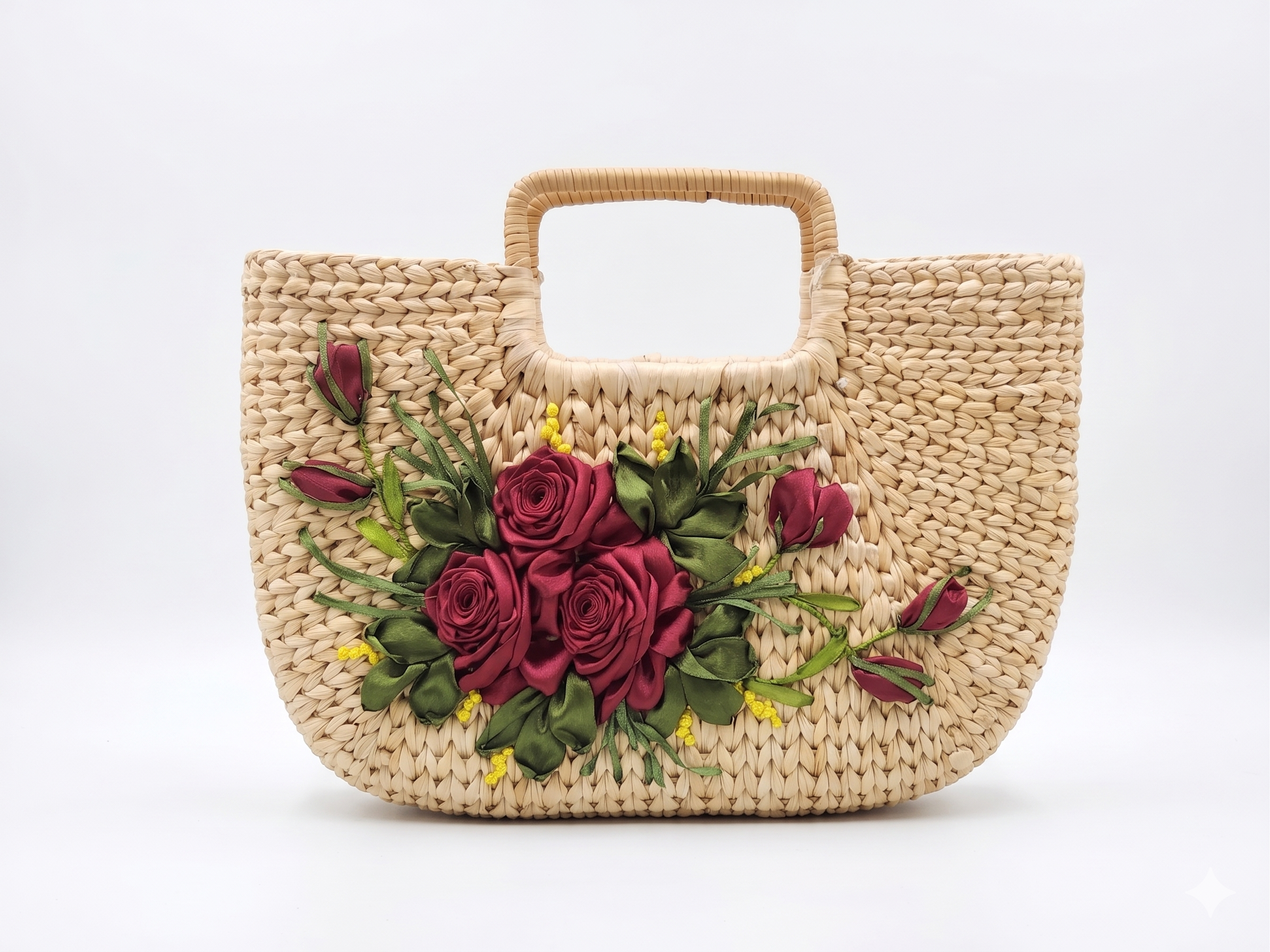 Handmade Water Hyacinth Tote Bag – Elegant Burgundy Ribbon Rose Woven Purse for Women - Image 7