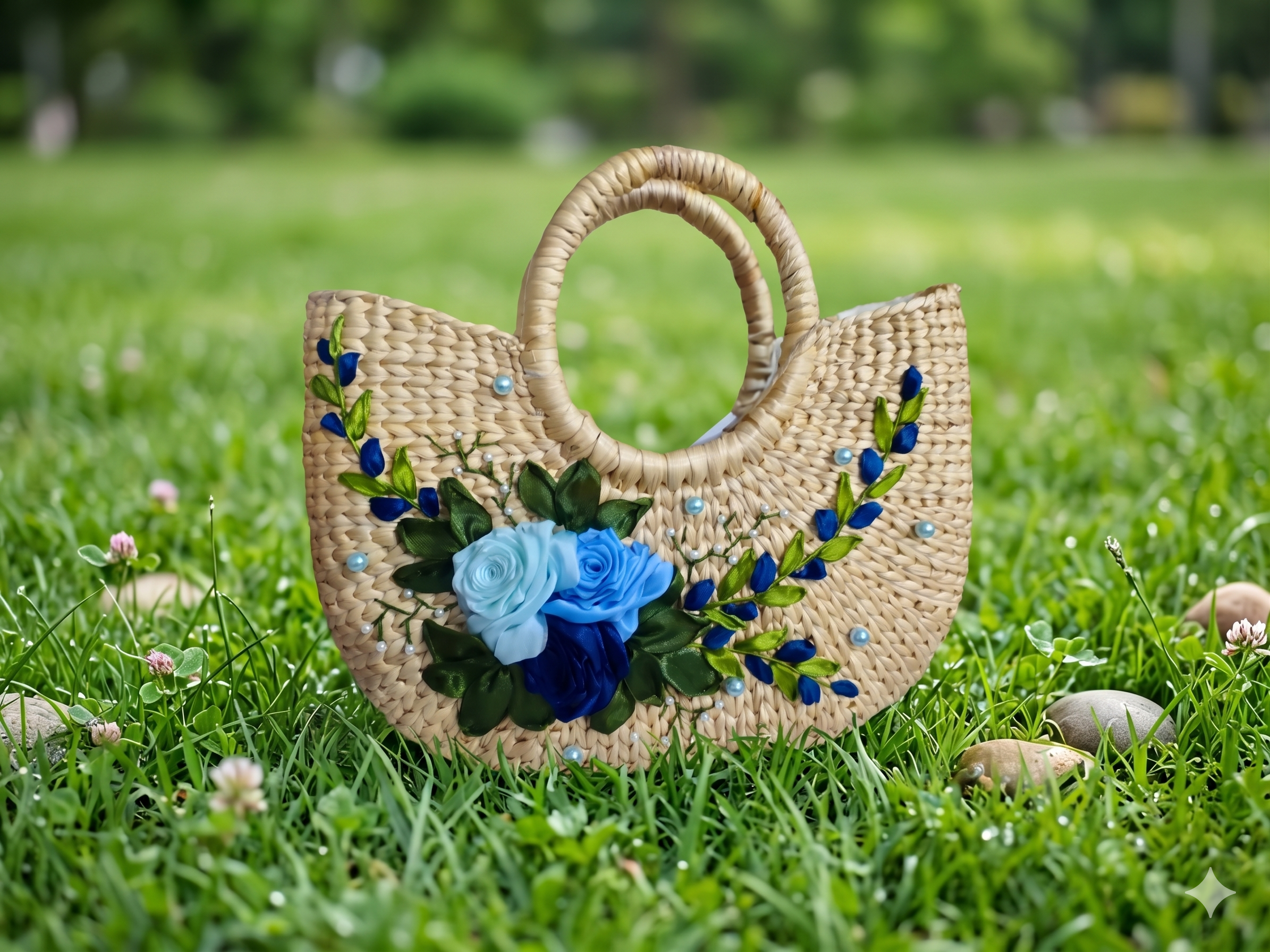 Handmade Water Hyacinth Tote Bag – Elegant Burgundy Ribbon Rose Woven Purse for Women - Image 2