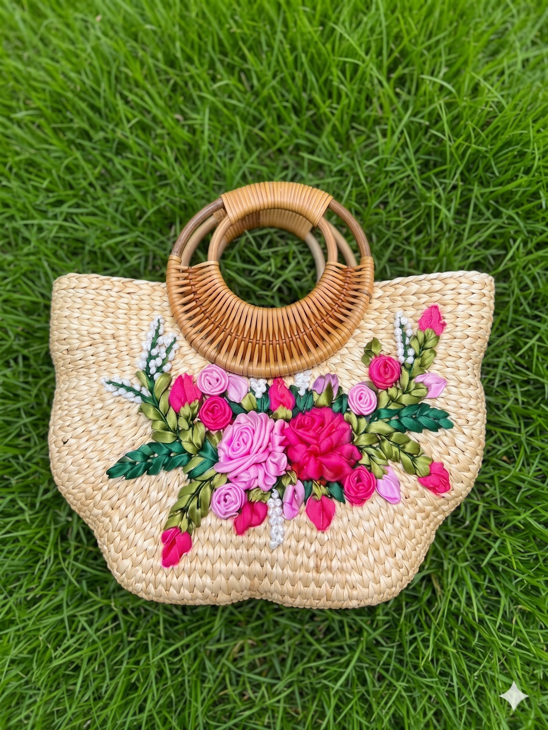 Large Handmade Pumpkin Shape Water Hyacinth Bag with Orange Floral Ribbon Embroidery & Bamboo Woven Handle