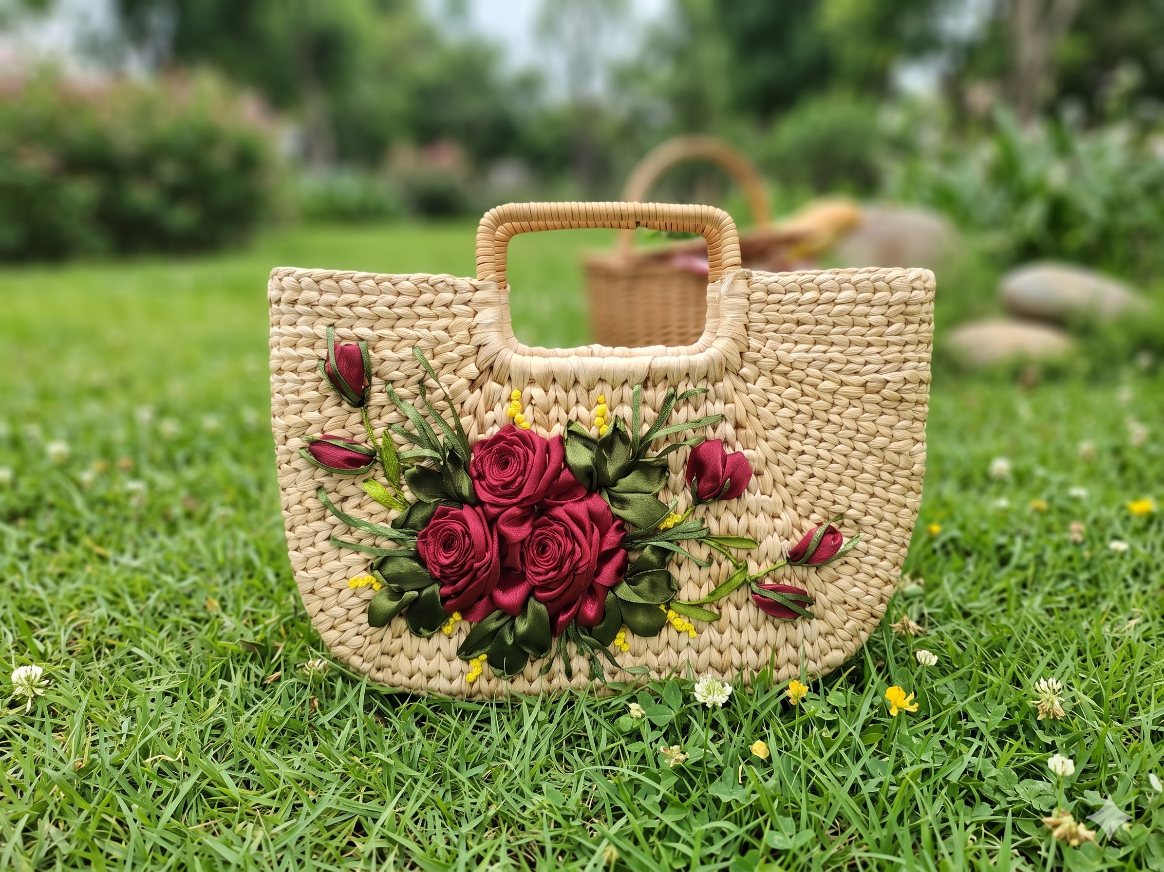 Handmade water hyacinth tote bag with burgundy ribbon roses
