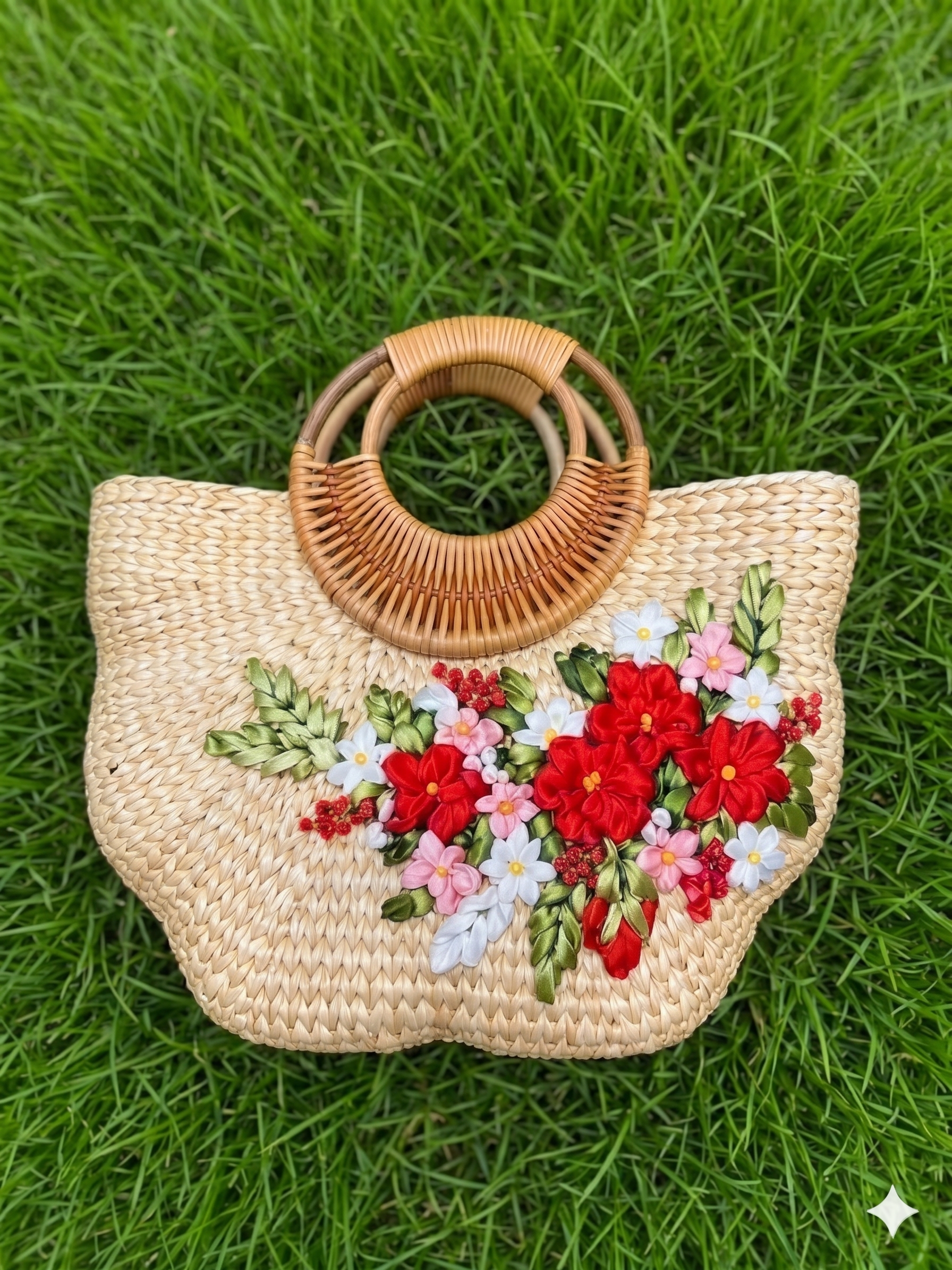 Handmade Pumpkin Shape Water Hyacinth Bag with Red Floral Ribbon Embroidery & Bamboo Handle