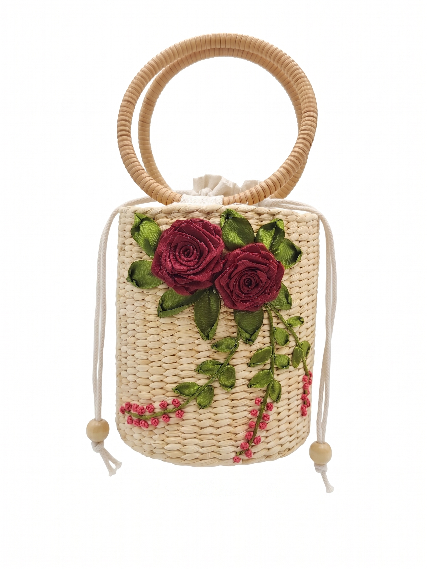 Handmade Bucket Style Water Hyacinth Bag with Red Rose Ribbon Embroidery