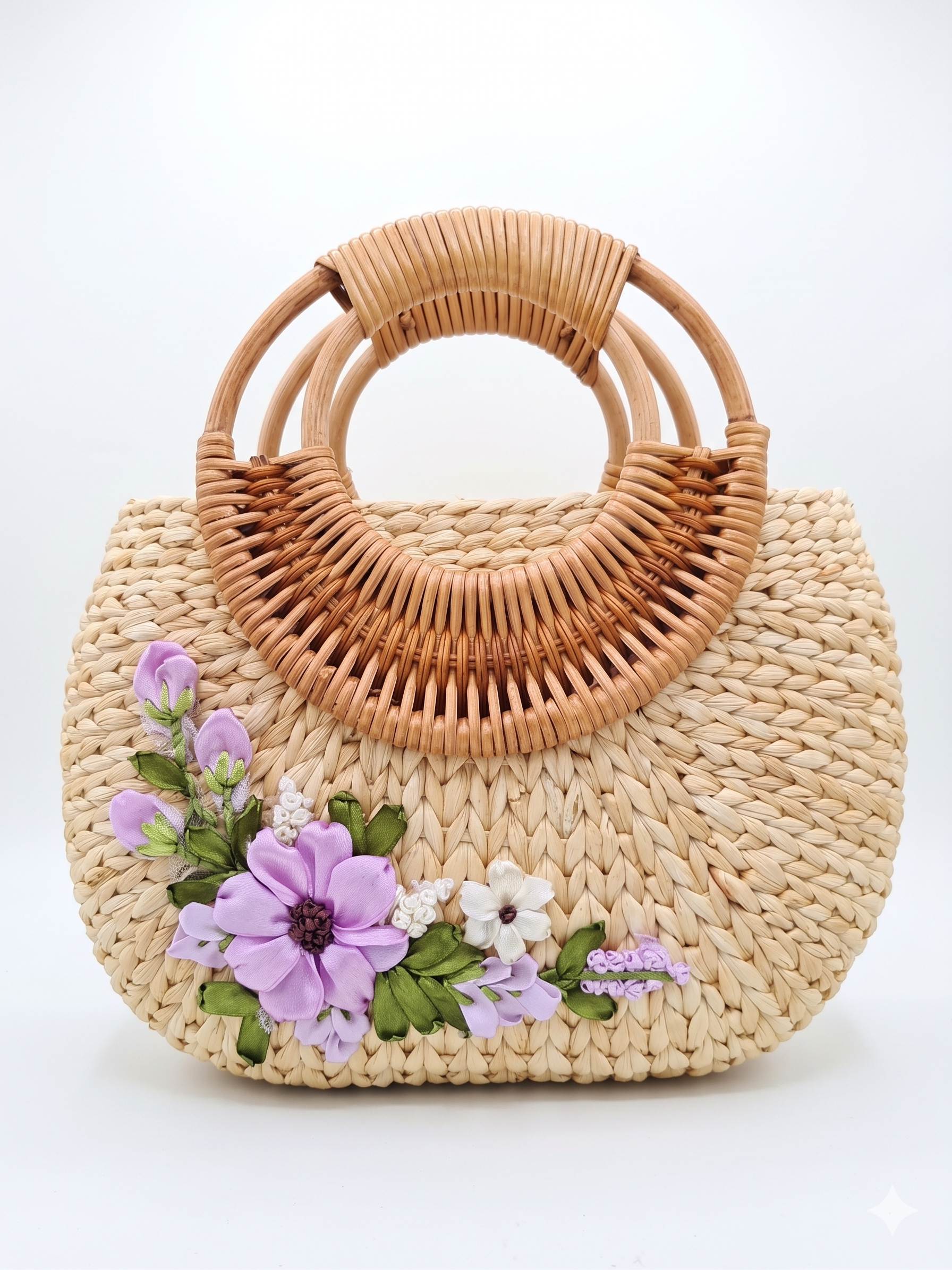 Handmade Water Hyacinth Bag with Lavender Floral Ribbon Embroidery & Bamboo Handle - Image 12