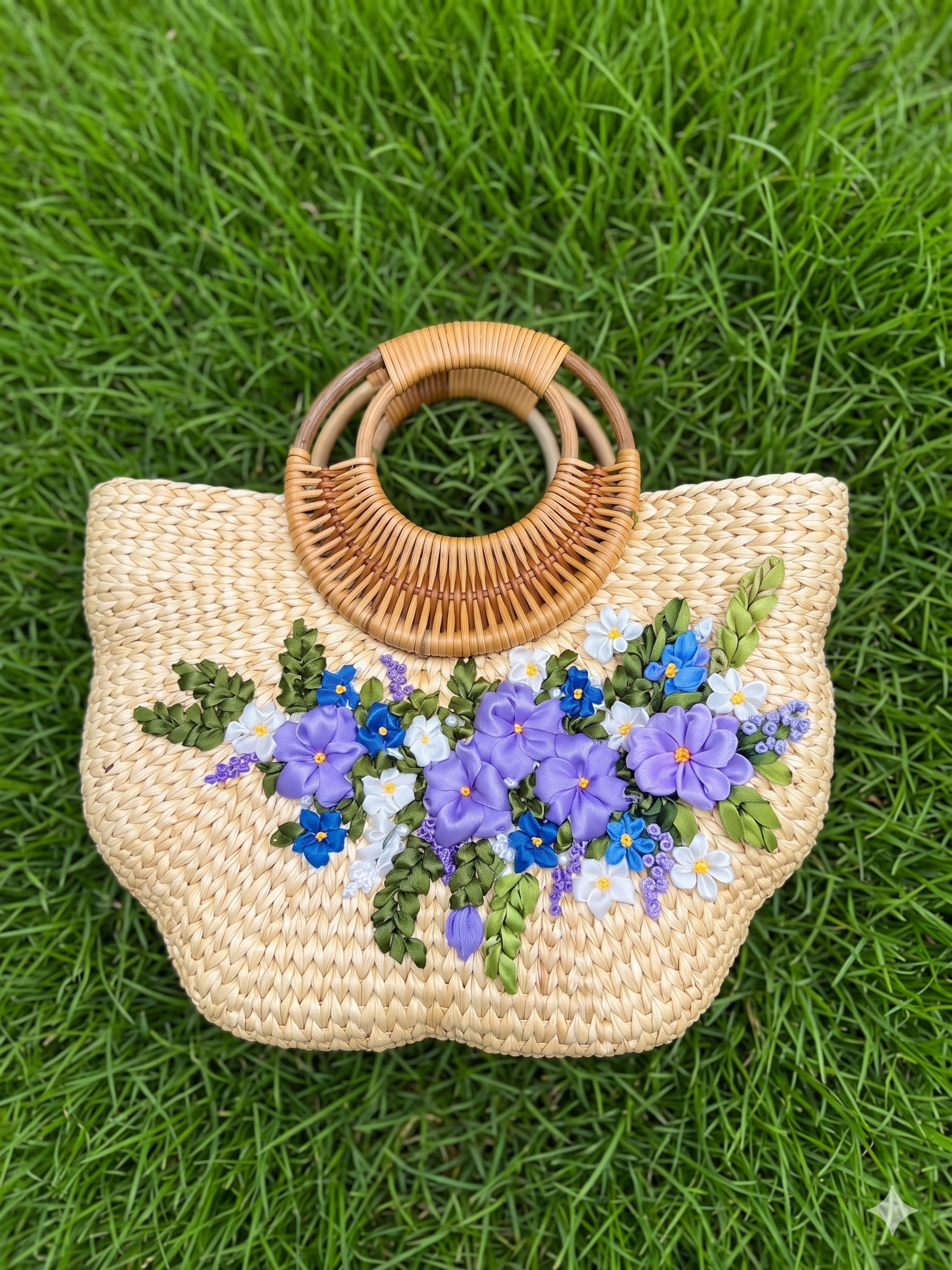 Large Handmade Pumpkin Shape Water Hyacinth Bag with Purple Floral Ribbon Embroidery & Bamboo Handle