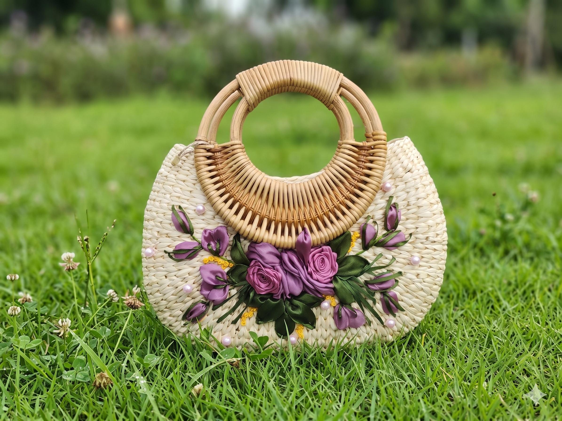 Handmade Water Hyacinth Bag with Purple Floral Ribbon Embroidery & Bamboo Woven Handle