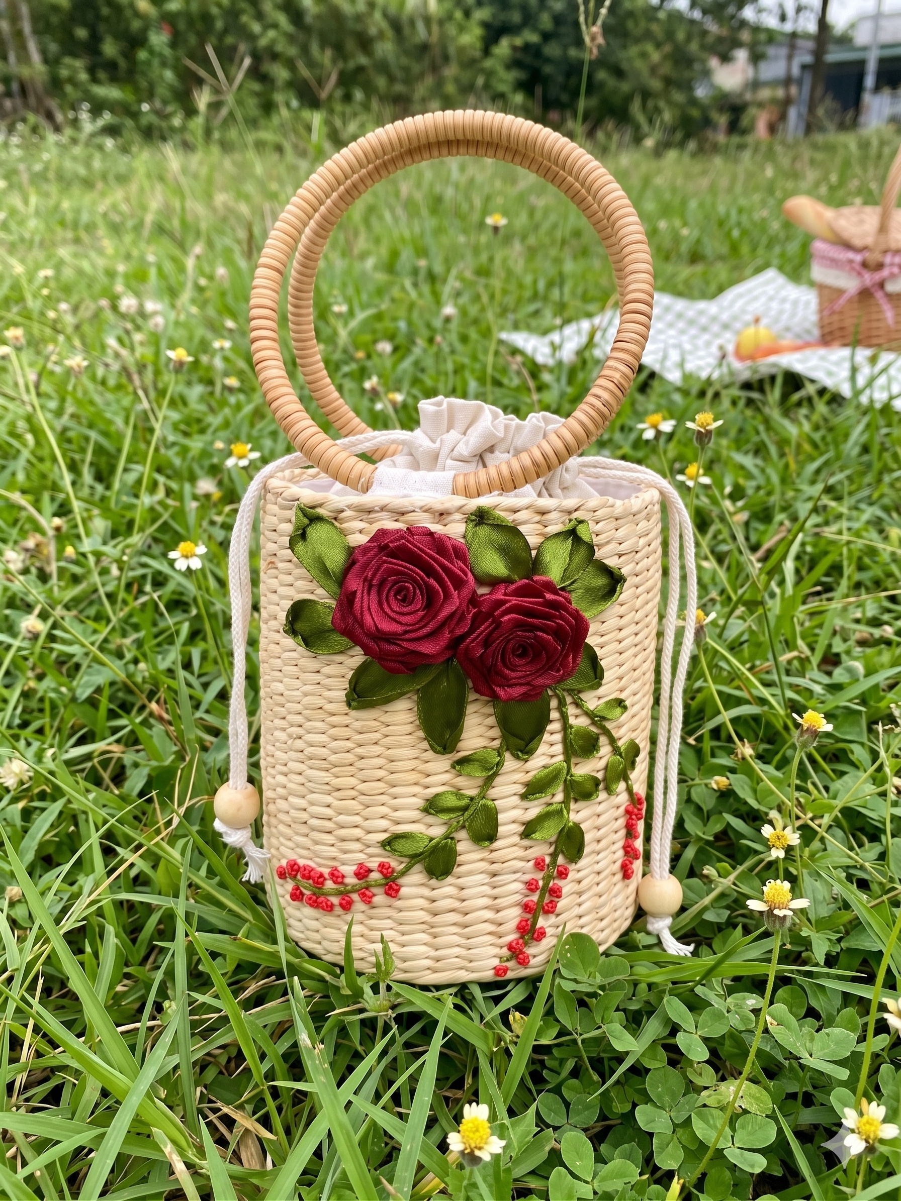 Handmade Bucket Style Water Hyacinth Bag with Red Rose Ribbon Embroidery