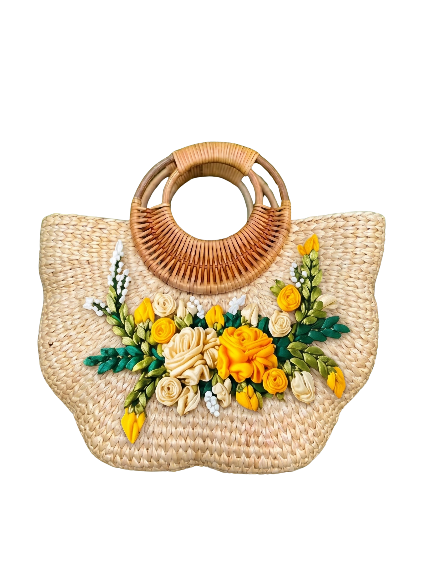 Large Handmade Pumpkin Shape Water Hyacinth Bag with Yellow Floral Ribbon Embroidery