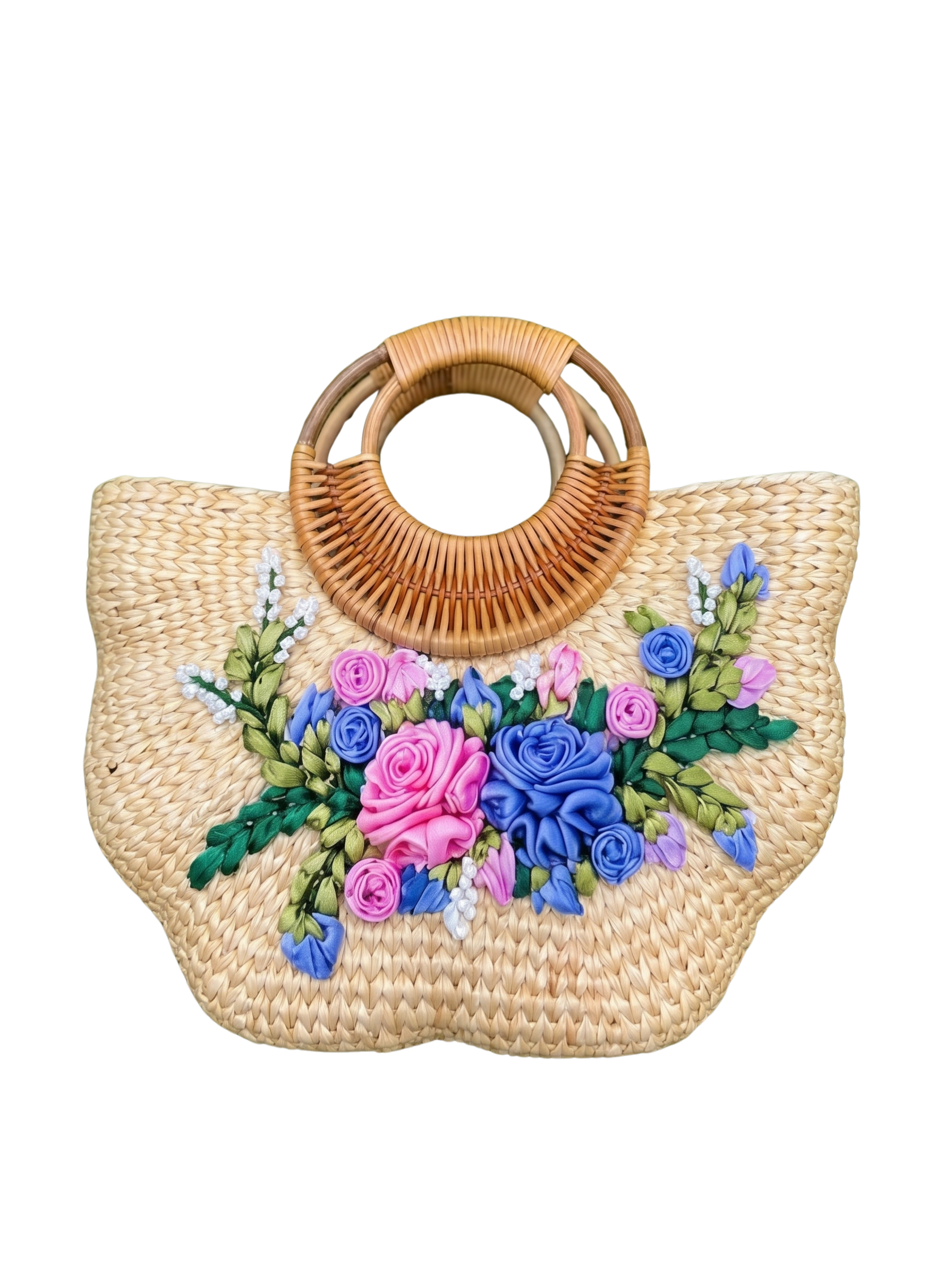 Large Handmade Pumpkin Shape Water Hyacinth Bag with Blue & Pink Floral Ribbon Embroidery