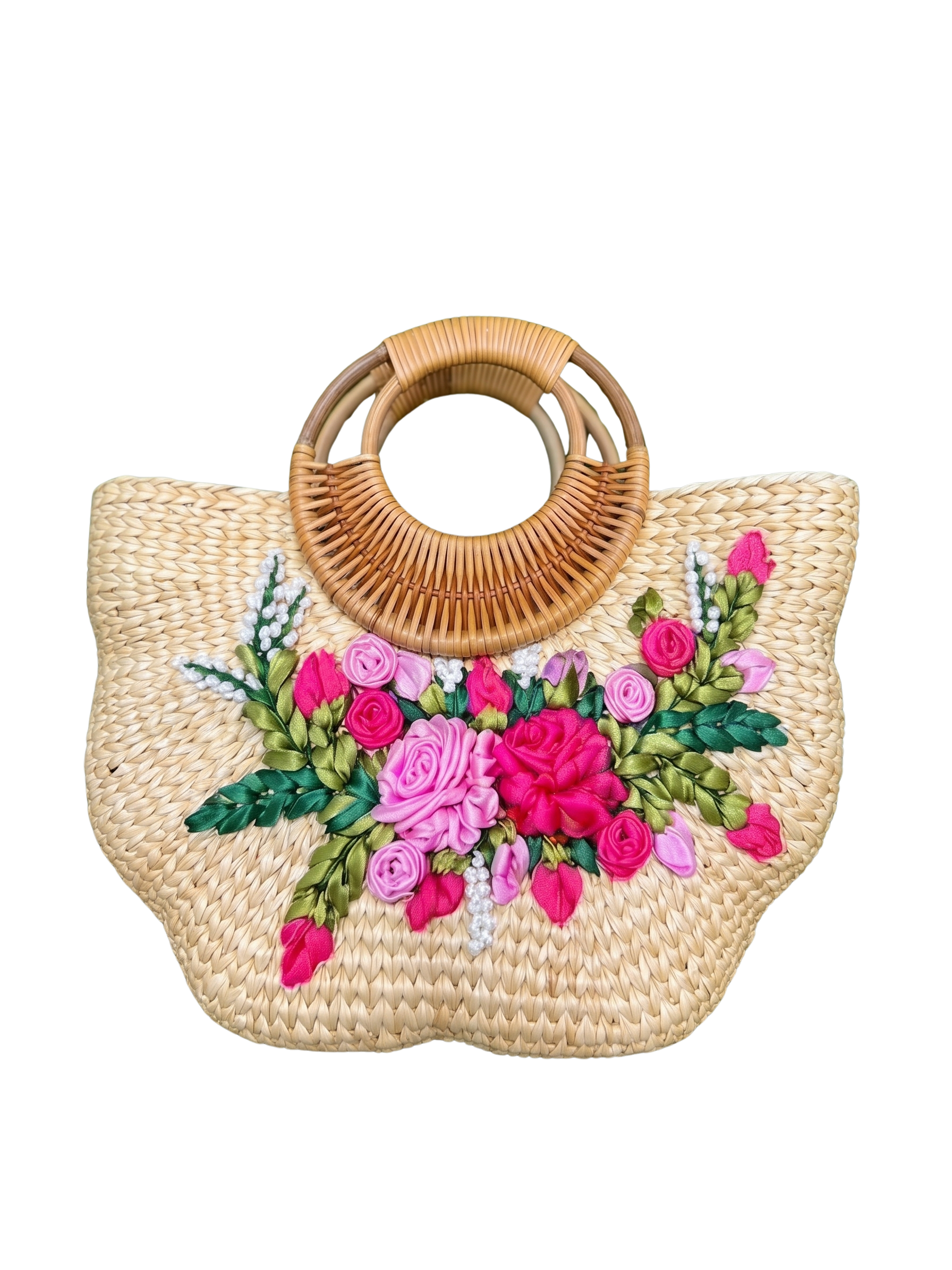 Large Handmade Pumpkin Shape Water Hyacinth Bag with Orange Floral Ribbon Embroidery & Bamboo Woven Handle