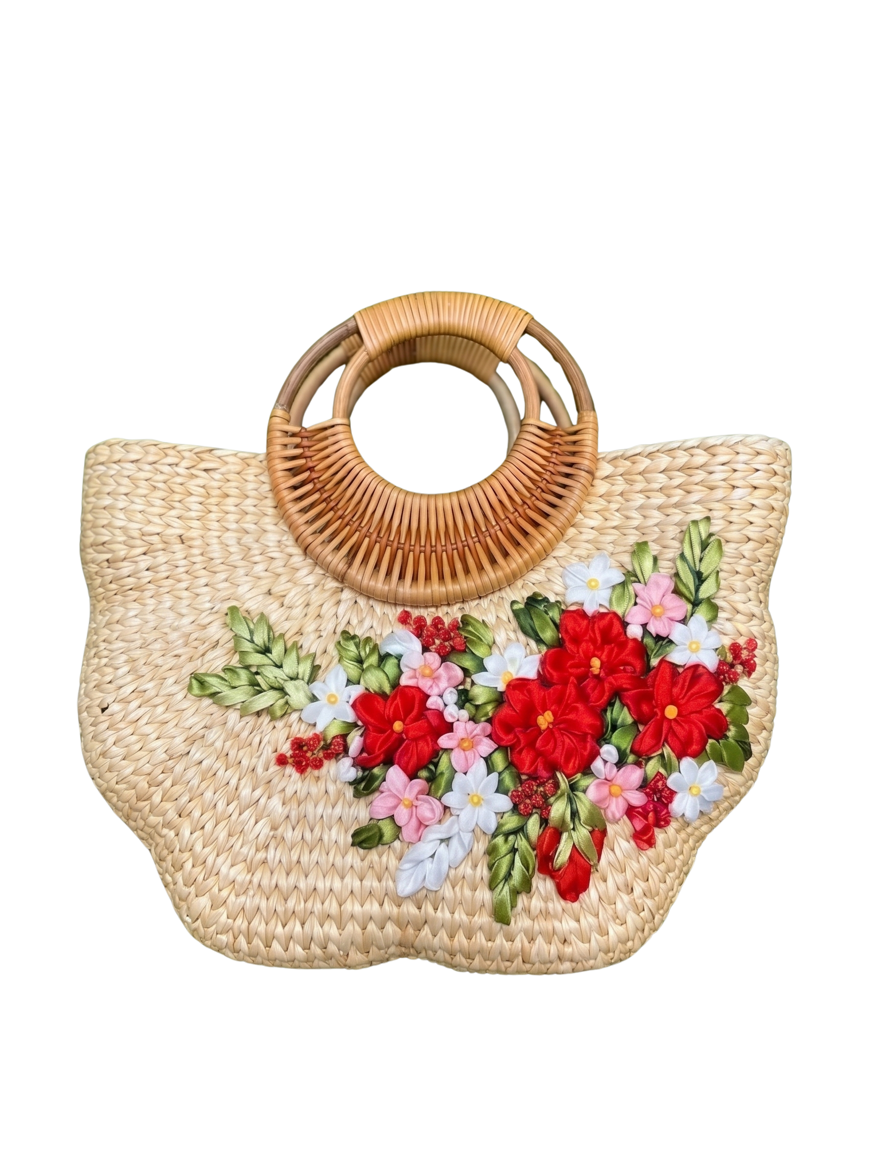 Handmade Pumpkin Shape Water Hyacinth Bag with Red Floral Ribbon Embroidery & Bamboo Handle