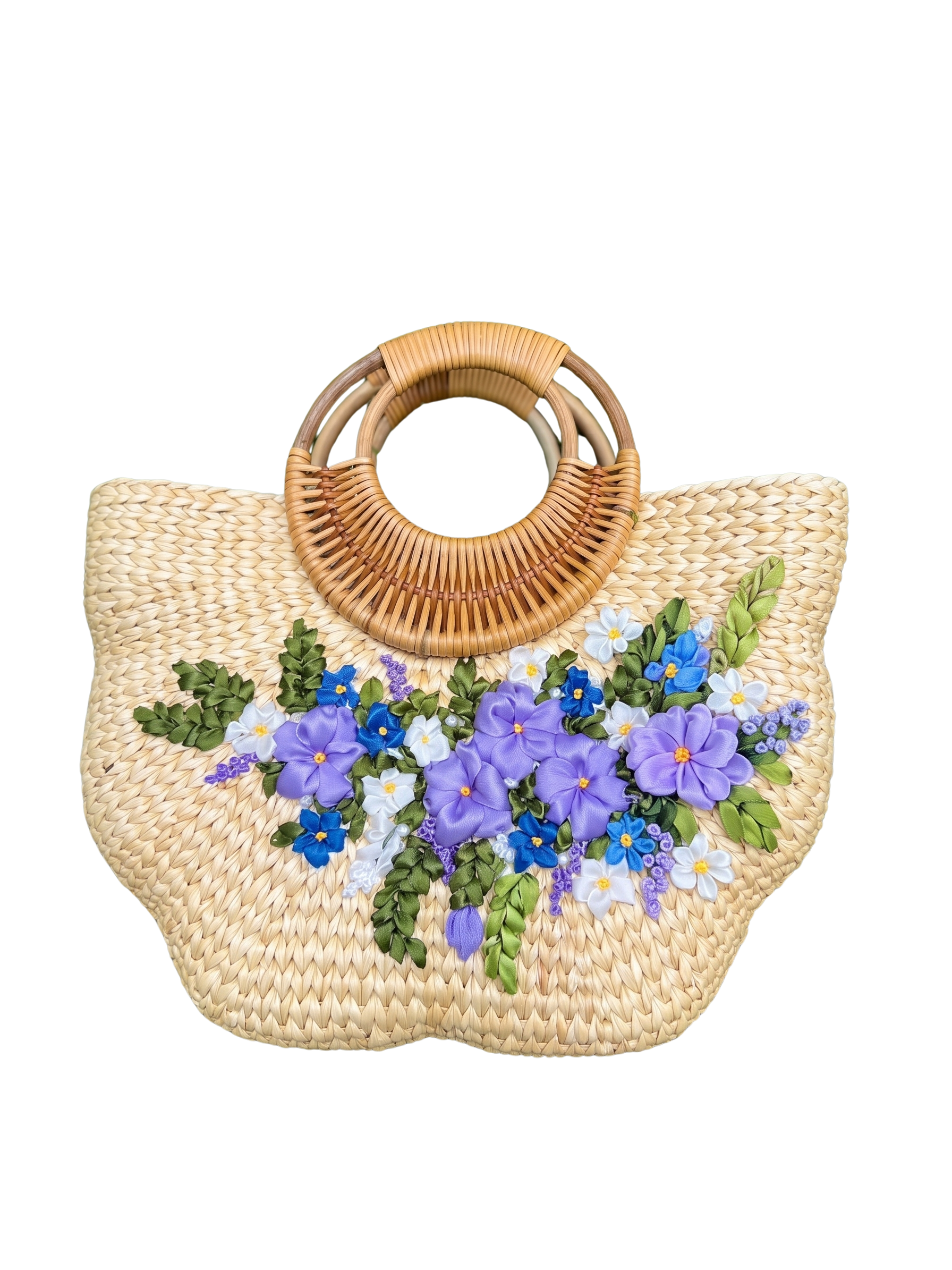 Large Handmade Pumpkin Shape Water Hyacinth Bag with Purple Floral Ribbon Embroidery & Bamboo Handle
