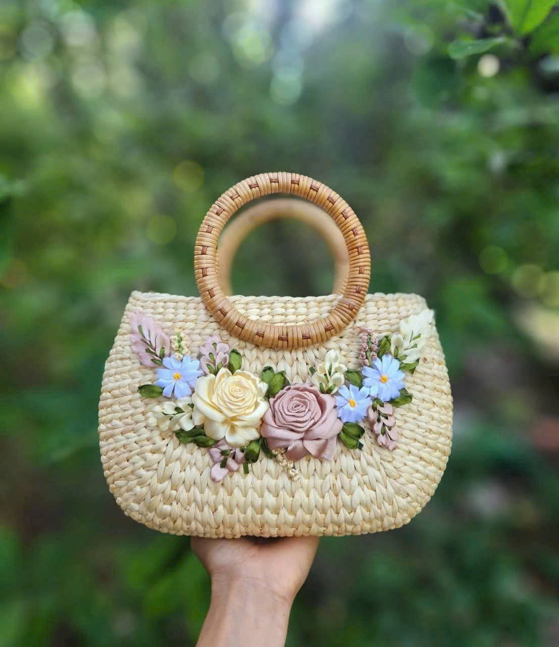 Handmade Water Hyacinth Bag with Pastel Floral Ribbon Embroidery