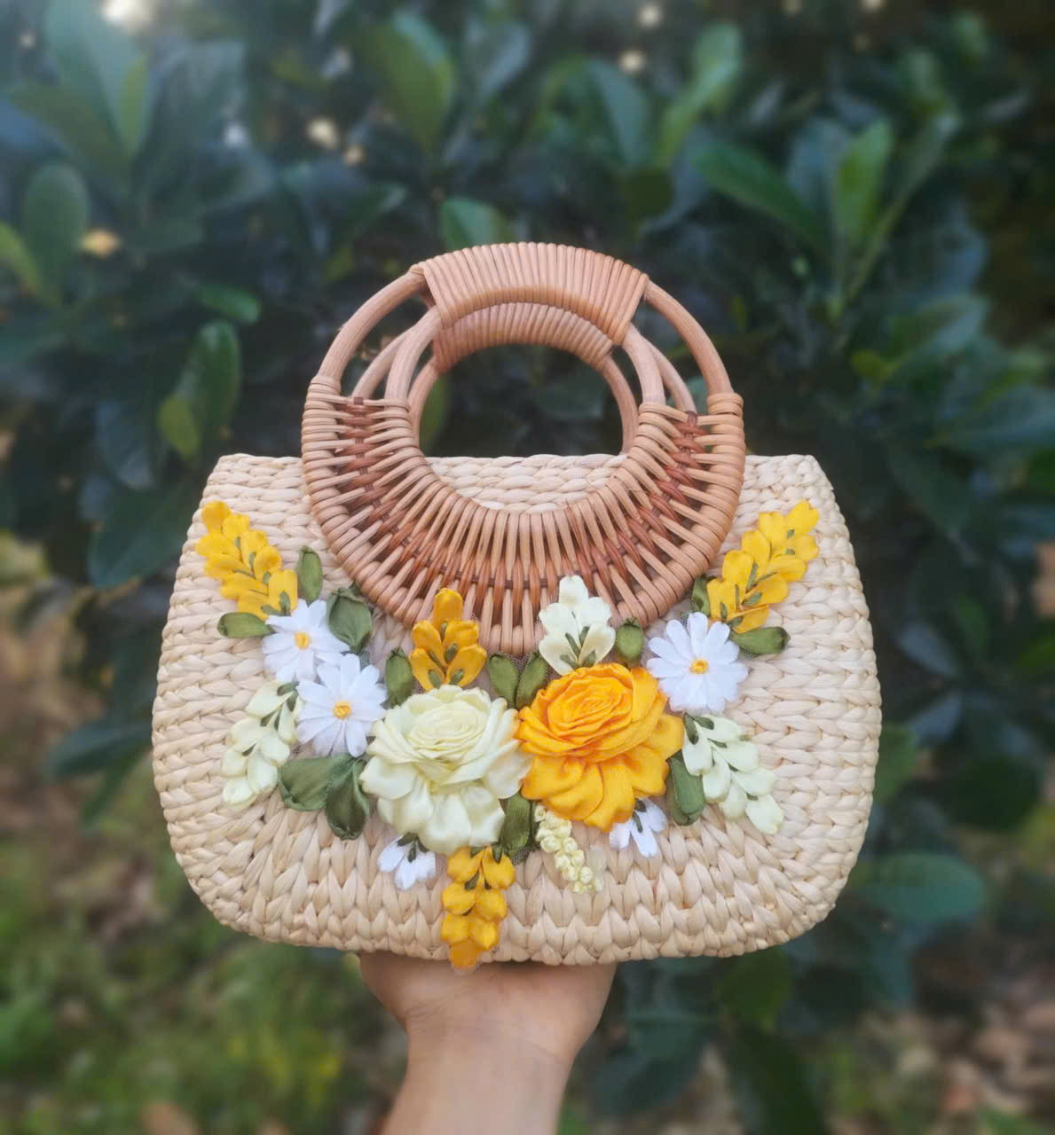 Handmade Water Hyacinth Bag with Yellow Floral Ribbon Embroidery & Bamboo Woven Handle