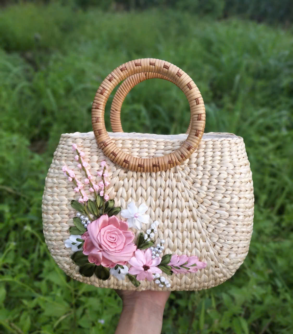 Handmade Water Hyacinth Bag with Soft Pink Rose Ribbon Embroidery