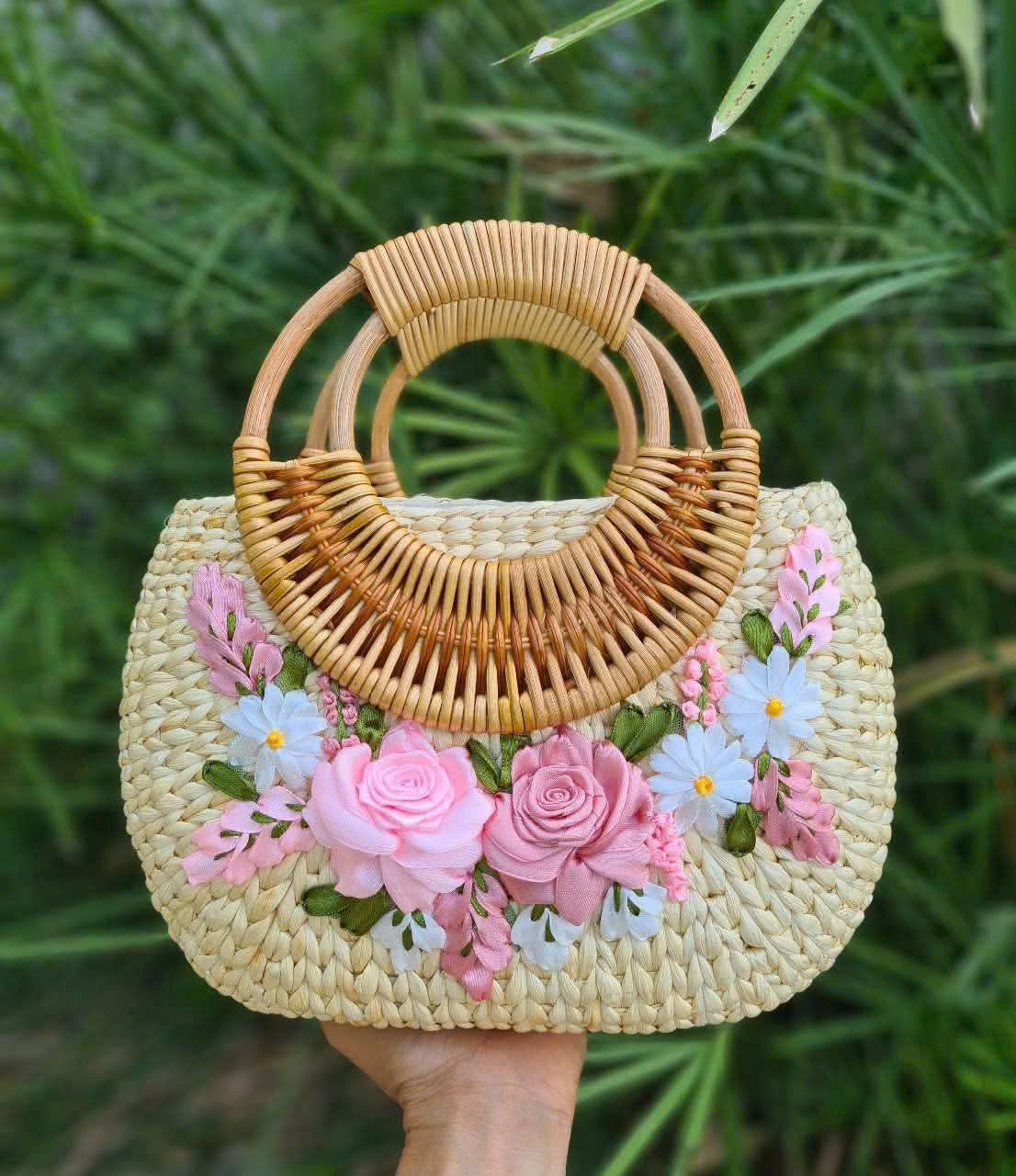 Handmade Water Hyacinth Bag with Soft Pink Floral Ribbon Embroidery