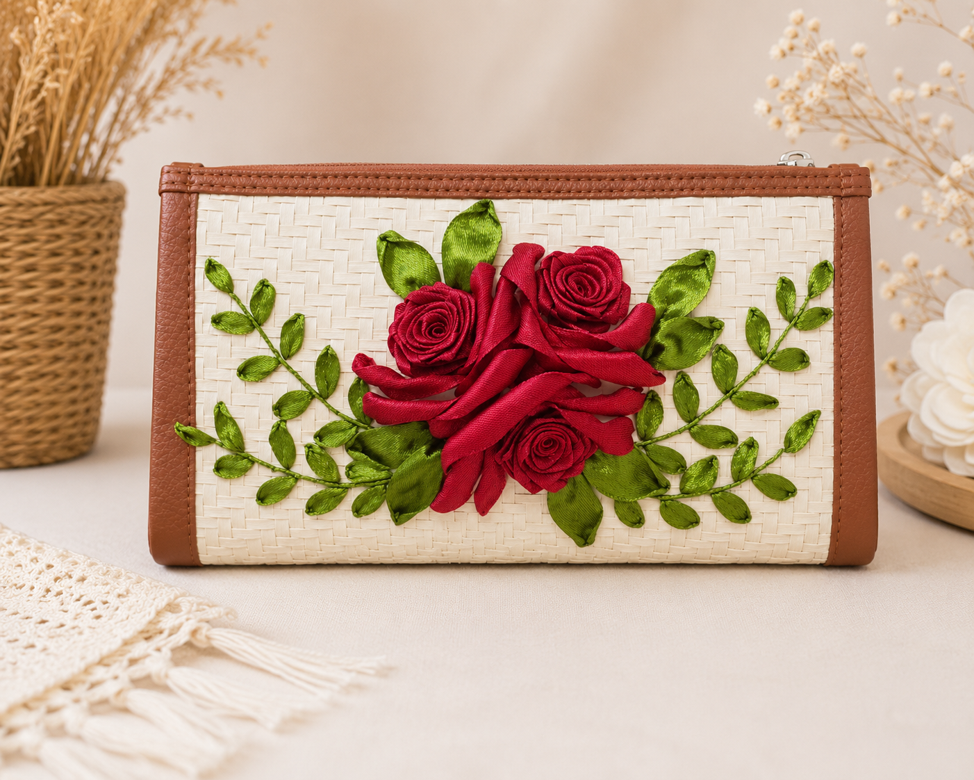Dark Rose Ribbon Embroidery Wallet, Handmade Floral Wristlet Clutch, Embroidered Rose Wallet, Women's Zipper Wallet, Gift for Her