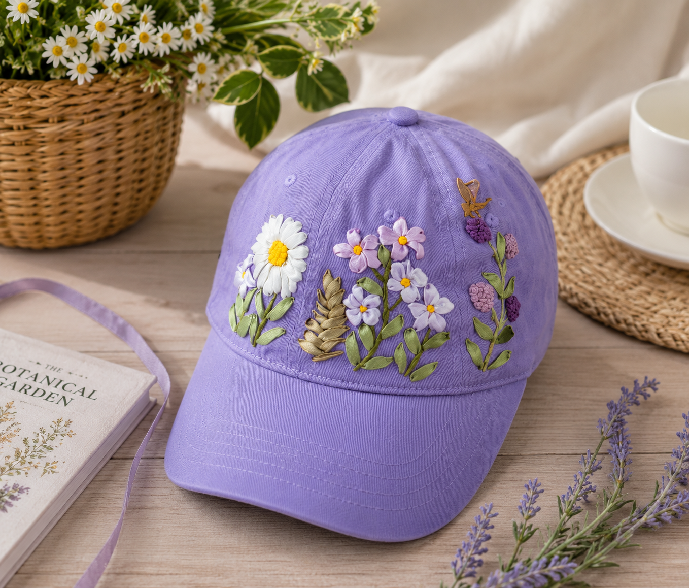 Hand Embroidered Floral Baseball Cap, Ribbon Embroidery Hat, Handmade Flower Cap, Cottagecore Hat, Gift for Women, Adjustable Cotton Cap Purple