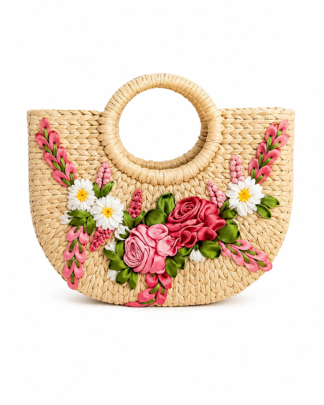 Handmade Water Hyacinth Floral Straw Bag – Pink Ribbon Embroidered Handbag - Image 3