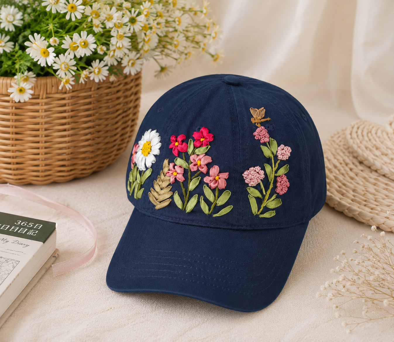 Hand Embroidered Floral Baseball Cap, Ribbon Embroidery Hat, Handmade Flower Cap, Cottagecore Hat, Gift for Women, Adjustable Cotton Cap Dark Blue