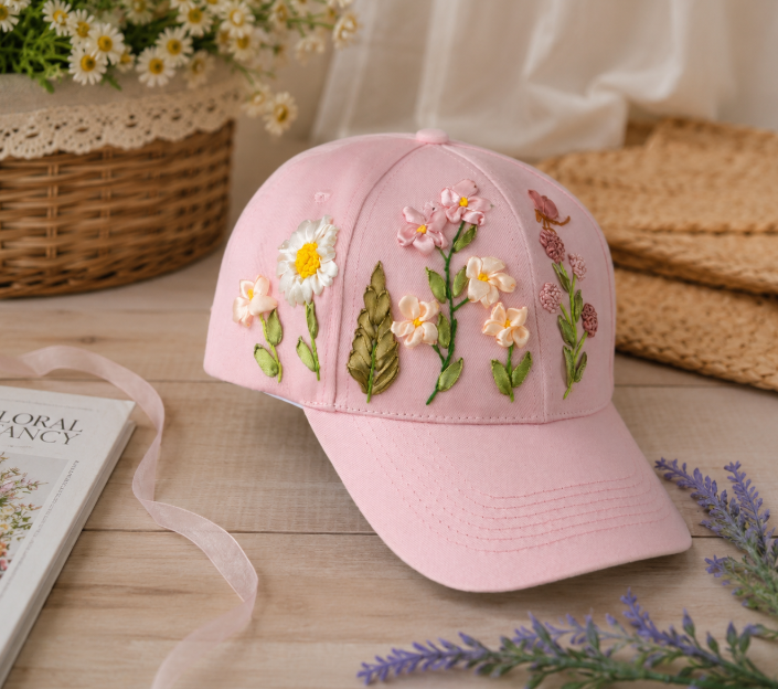 Hand Embroidered Floral Baseball Cap, Ribbon Embroidery Hat, Handmade Flower Cap, Cottagecore Hat, Gift for Women, Adjustable Cotton Cap