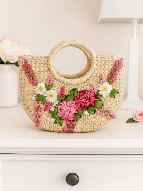 Handmade Water Hyacinth Floral Straw Bag – Pink Ribbon Embroidered Handbag