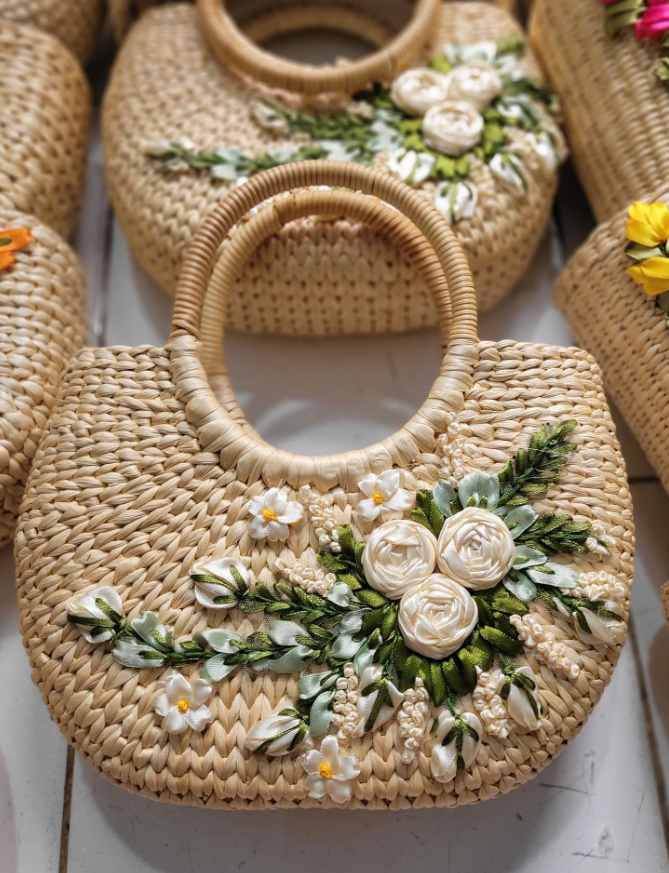 Handmade Water Hyacinth Bag with White Ribbon Flowers