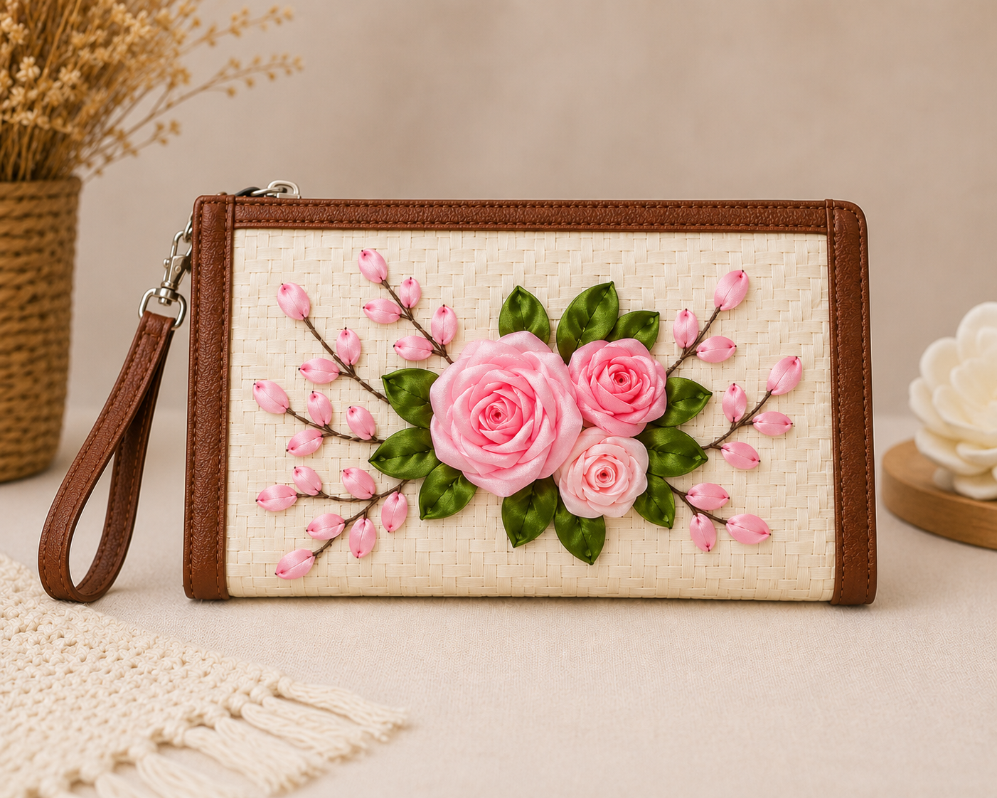 Pink Rose Ribbon Embroidery Wallet, Handmade Floral Wristlet Clutch, Embroidered Rose Wallet, Women's Zipper Wallet, Gift for Her