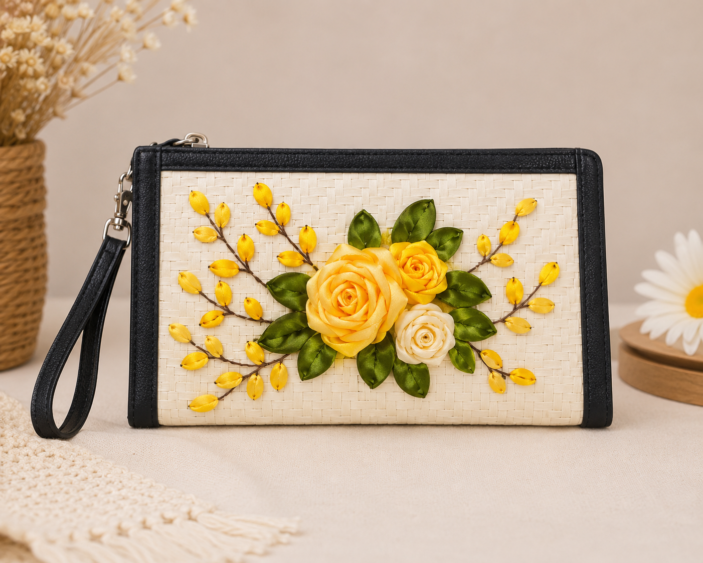 Yellow Ribbon Embroidery Wallet, Handmade Floral Wristlet Clutch, Embroidered Rose Wallet, Women's Zipper Wallet, Gift for Her