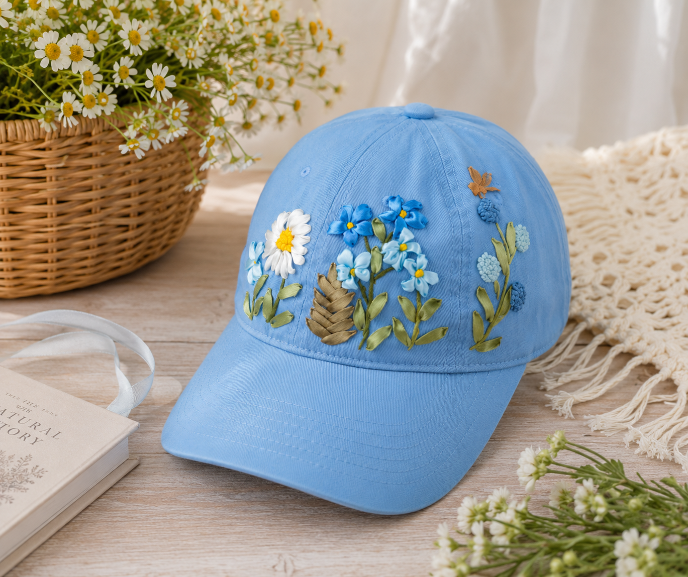 Hand Embroidered Floral Baseball Cap, Ribbon Embroidery Hat, Handmade Flower Cap, Cottagecore Hat, Gift for Women, Adjustable Cotton Cap Blue