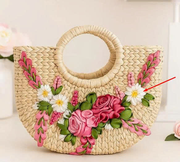 Handmade Water Hyacinth Floral Straw Bag – Pink Ribbon Embroidered Handbag - Image 2